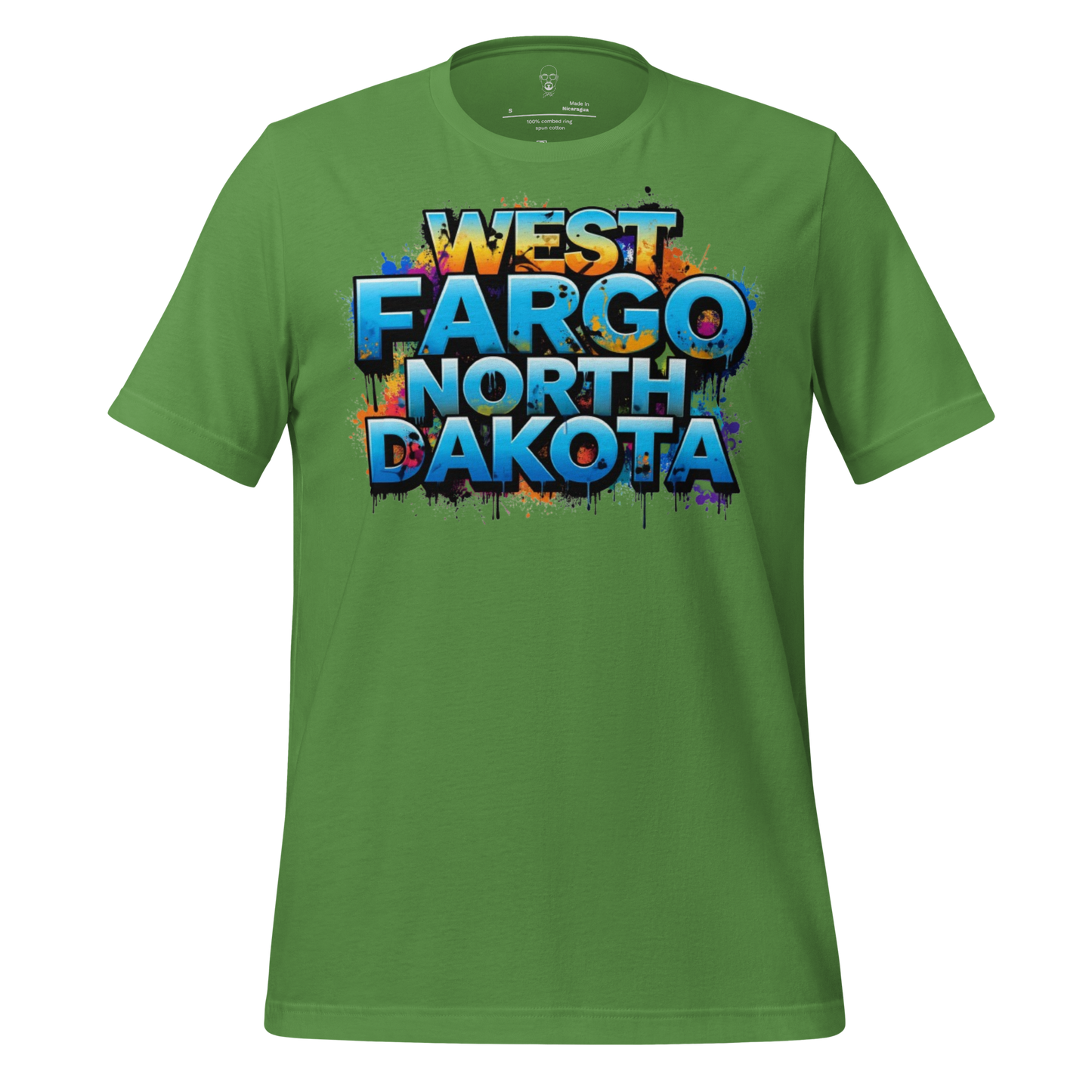 Green West Fargo t-shirt with colorful graffiti style North Dakota text on front