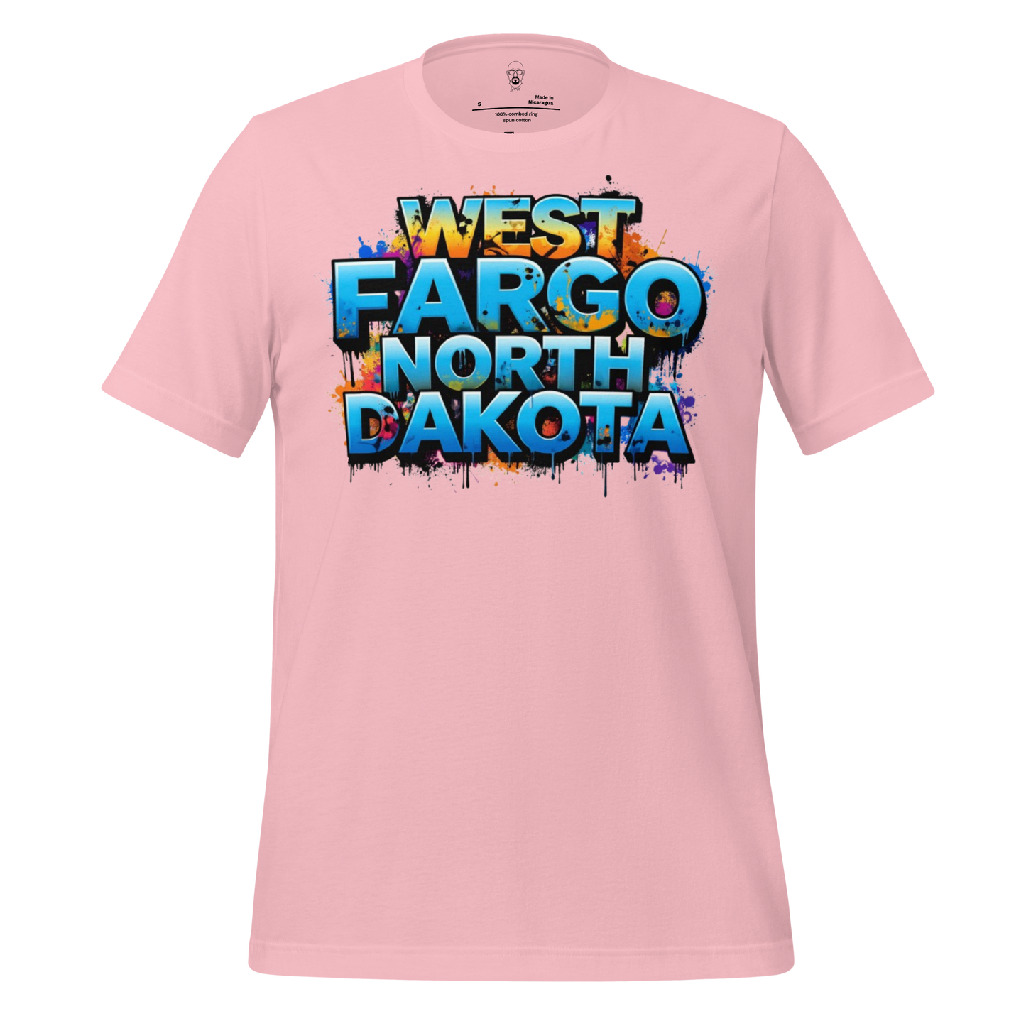 Pink West Fargo t-shirt with colorful bold text design featuring West Fargo North Dakota