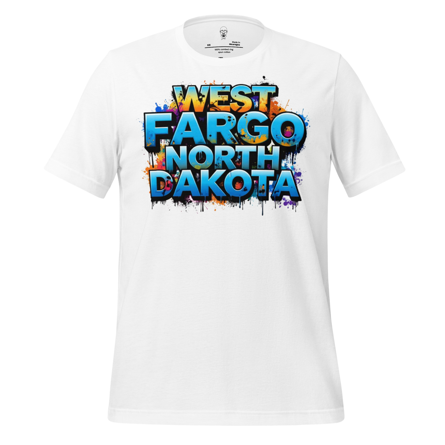 White West Fargo t-shirt with colorful graffiti style text design by JMK Drip
