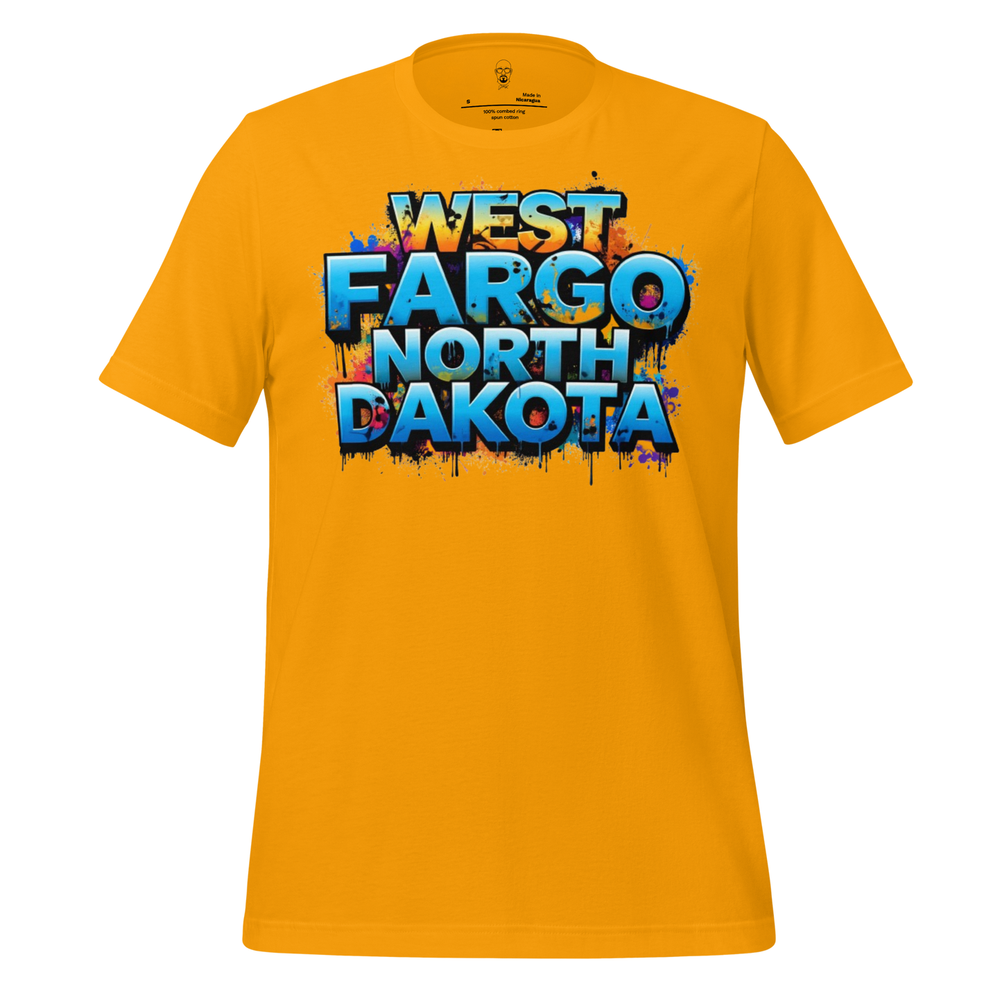 Yellow West Fargo t-shirt with bold blue and orange graphic text design for North Dakota fans