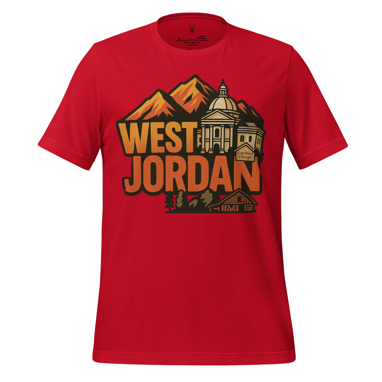 Red West Jordan graphic t-shirt with mountain and historic building design by JMK Drip