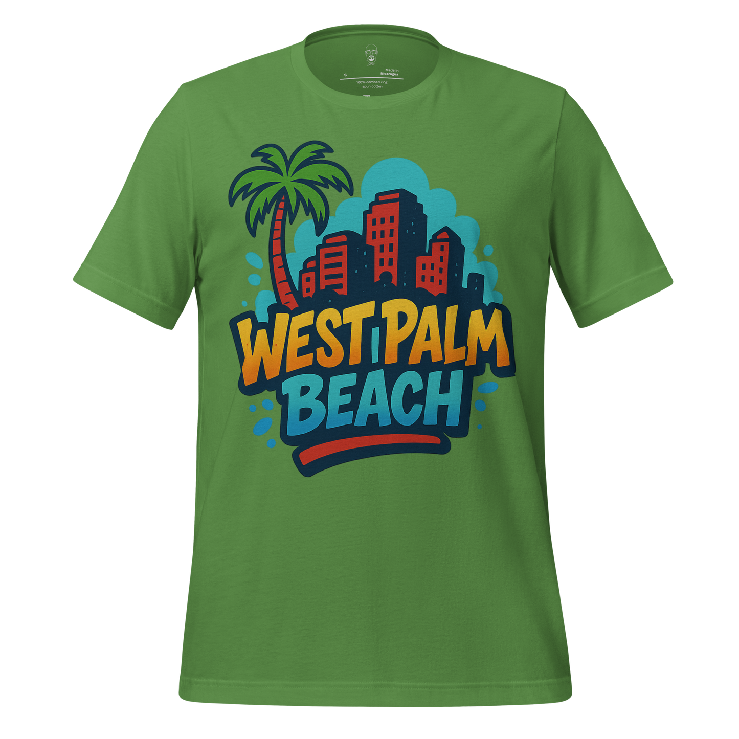 Green West Palm Beach Graphic T-Shirt with colorful cityscape and palm tree design