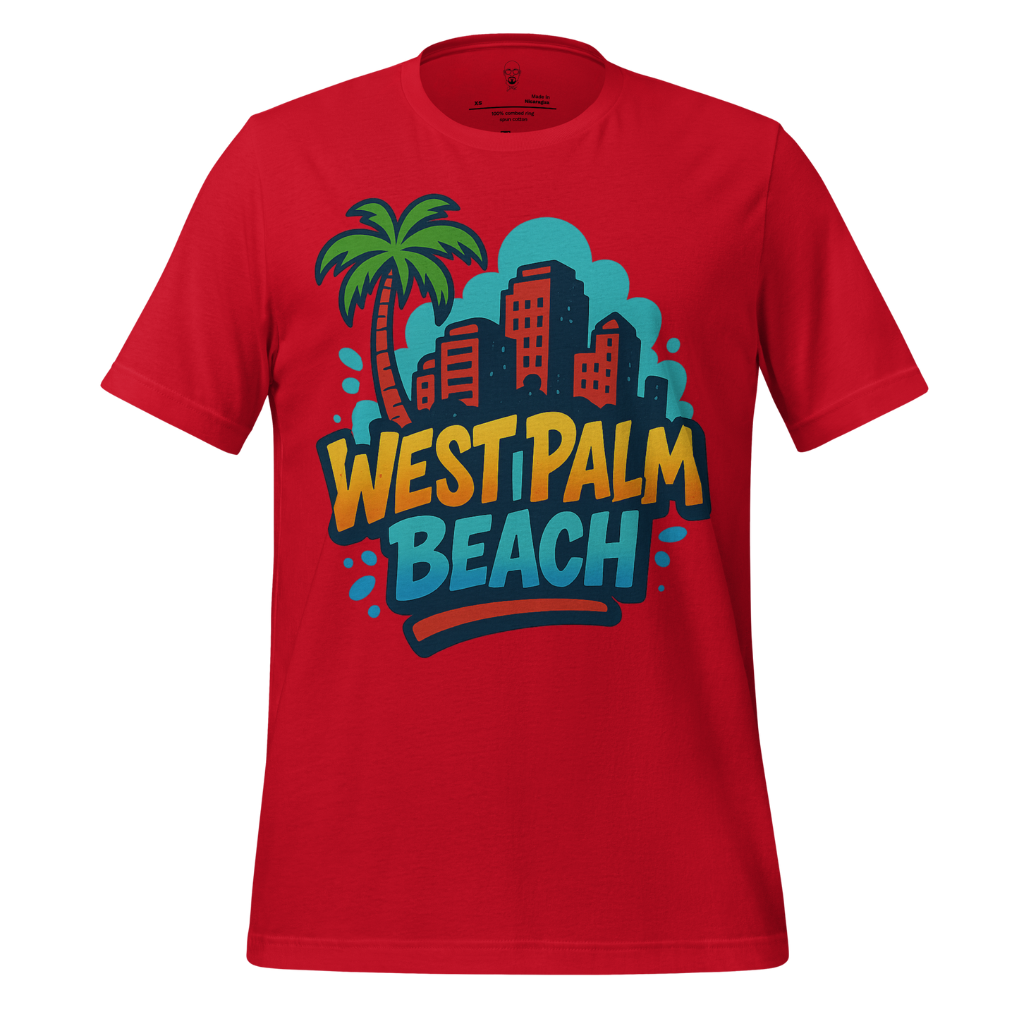 Red West Palm Beach Graphic T-Shirt with palm tree and city skyline design