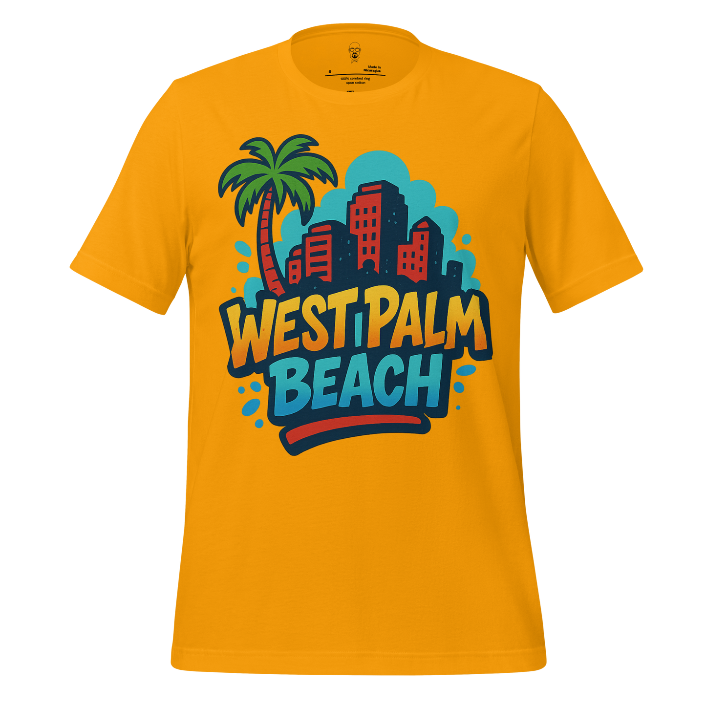 Yellow West Palm Beach Graphic T-Shirt featuring a palm tree and city skyline design