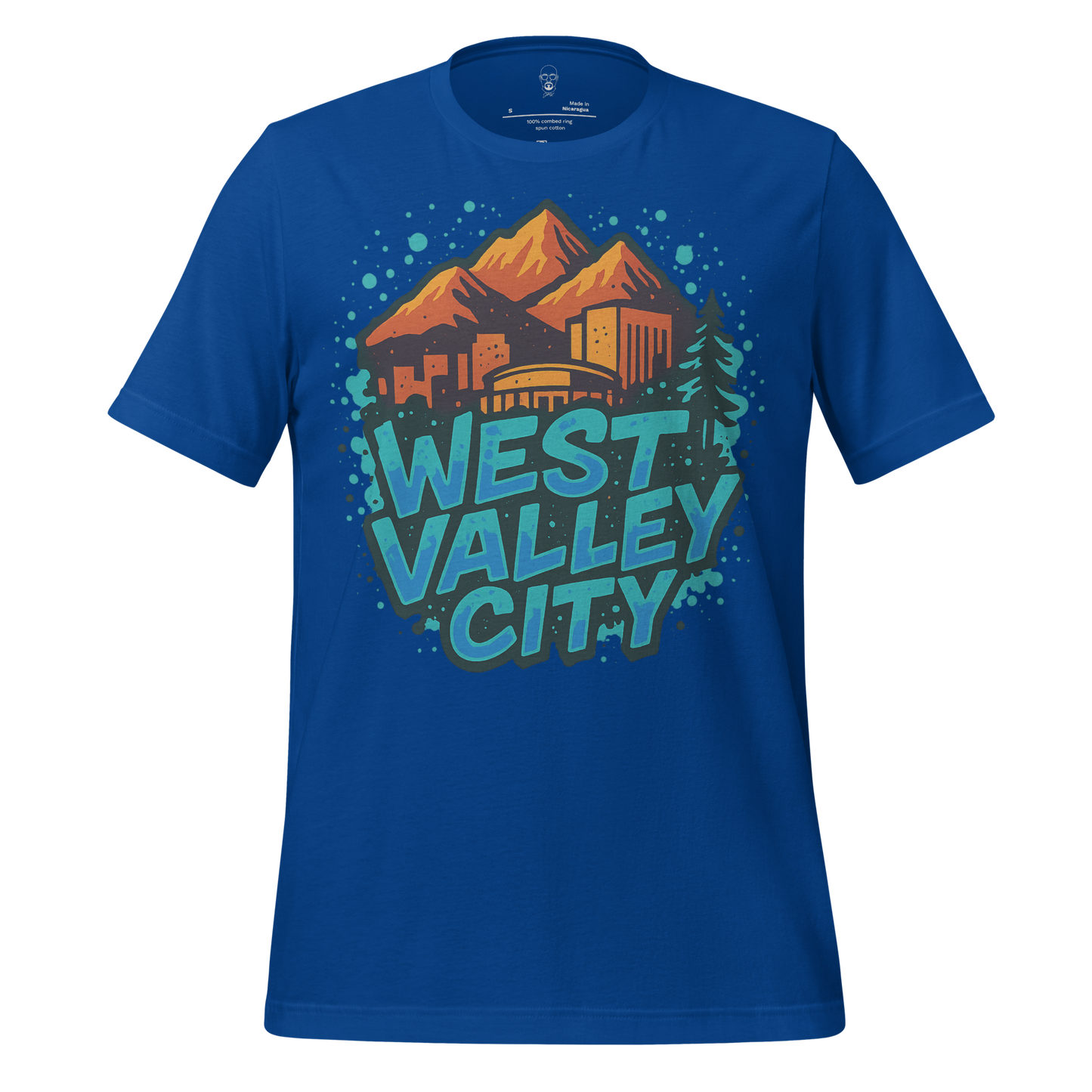 Blue West Valley City t-shirt by JMK Drip with mountain and city skyline graphic design