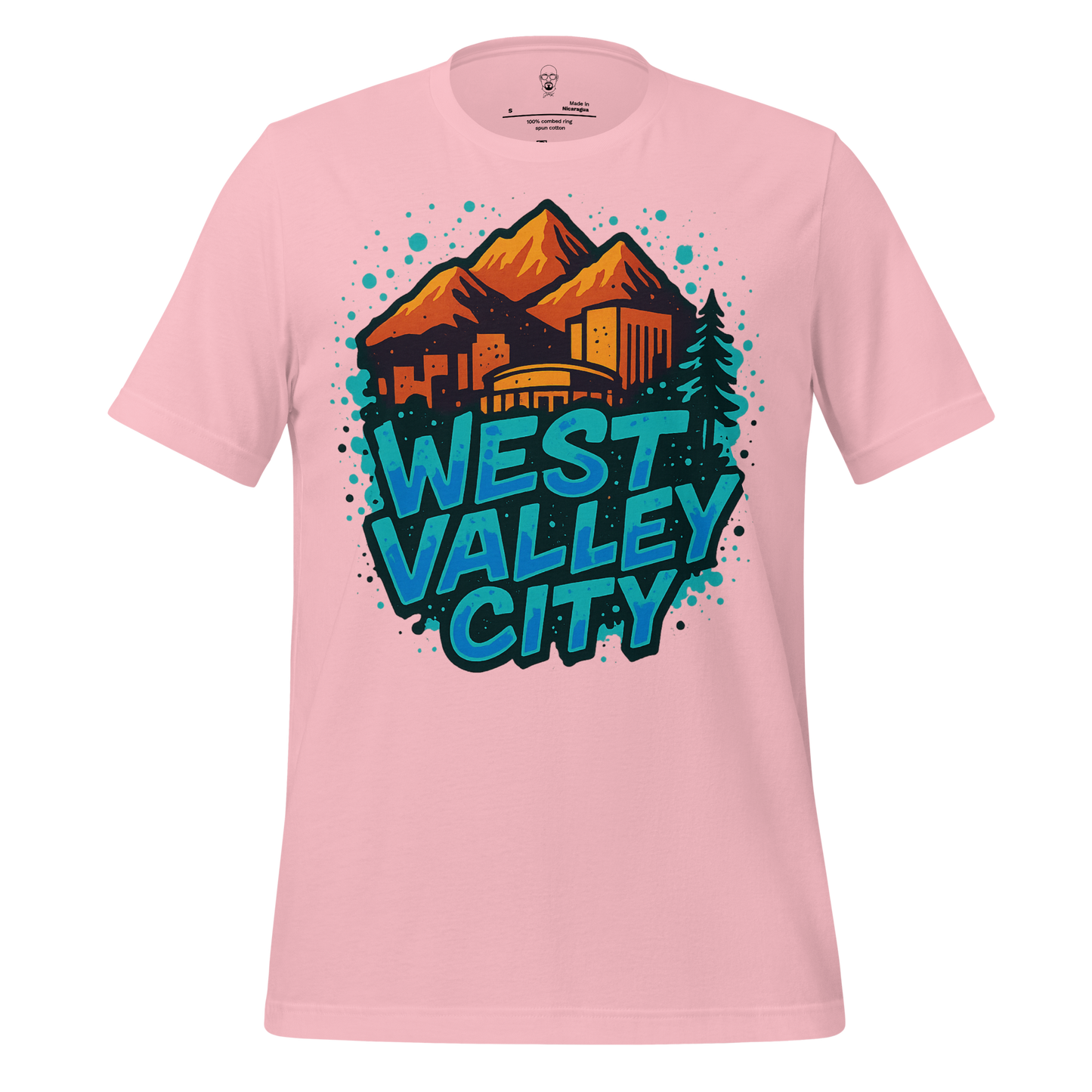 Pink West Valley City t-shirt by JMK Drip with mountain and city skyline graphic design