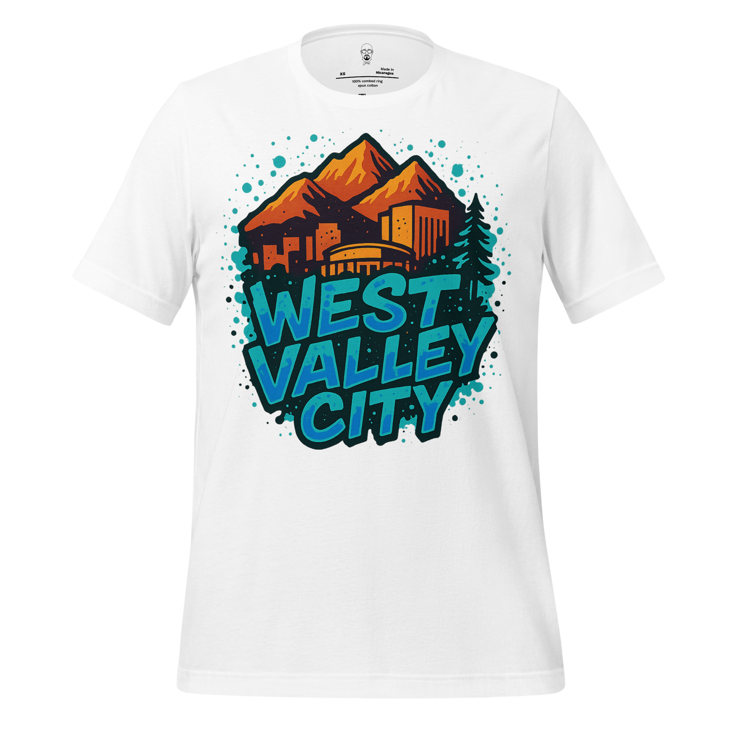 White West Valley City t-shirt by JMK Drip featuring mountain and city skyline graphic