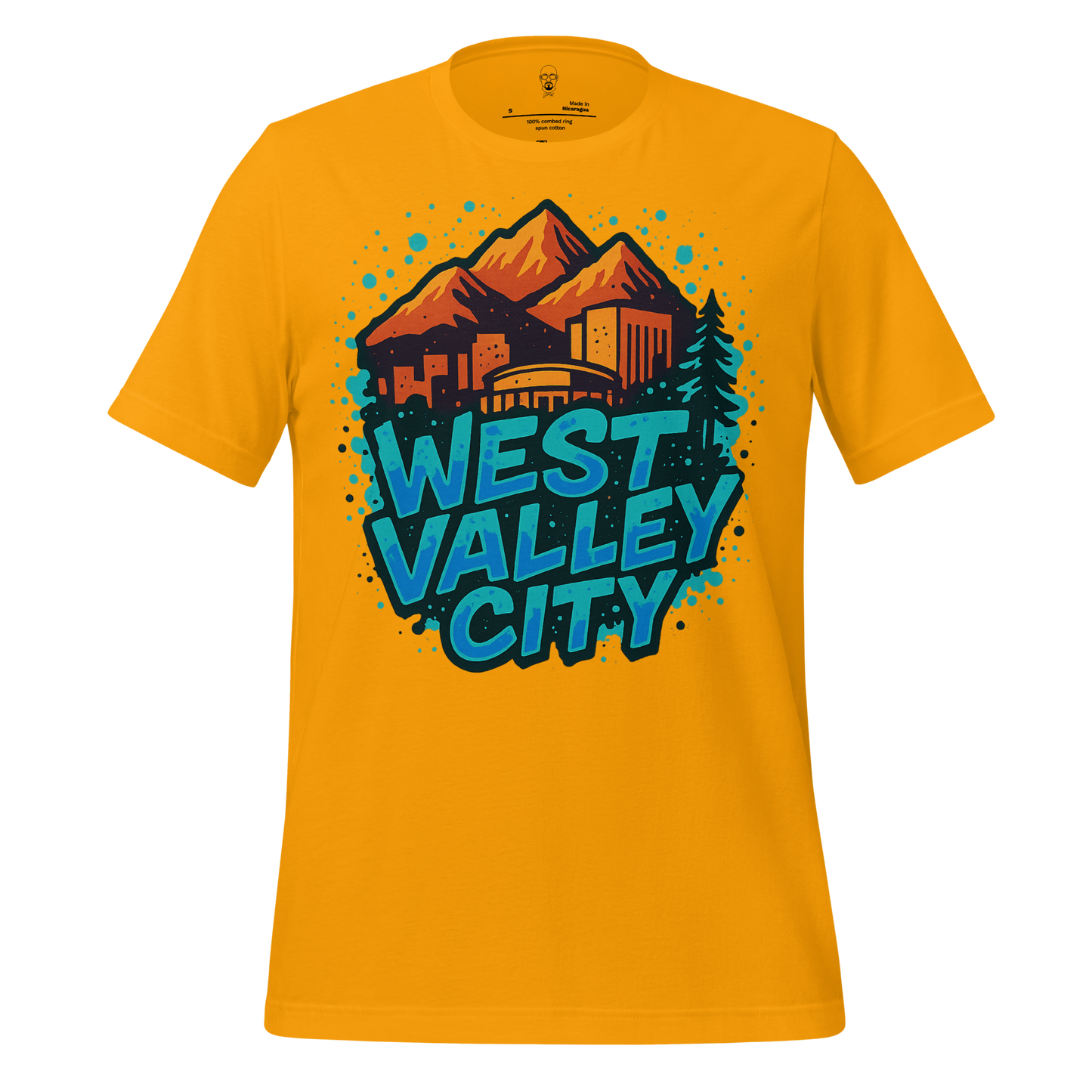 Yellow West Valley City t-shirt by JMK Drip featuring mountains and cityscape graphic design