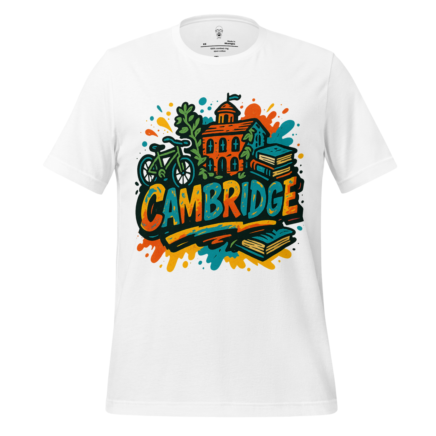 JMK Drip white Cambridge graphic t-shirt featuring colorful university elements with bike and books