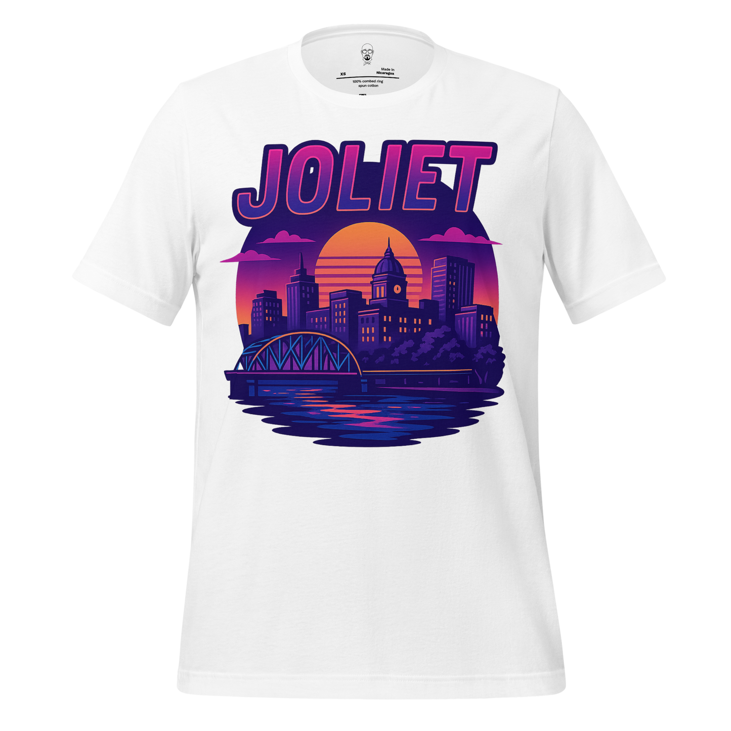White JMK Drip Joliet Graphic T-Shirt with colorful city skyline and sunset design