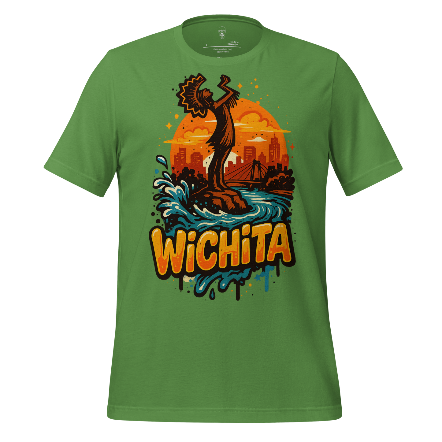 Green Wichita graphic t-shirt featuring colorful city skyline and iconic sculpture design