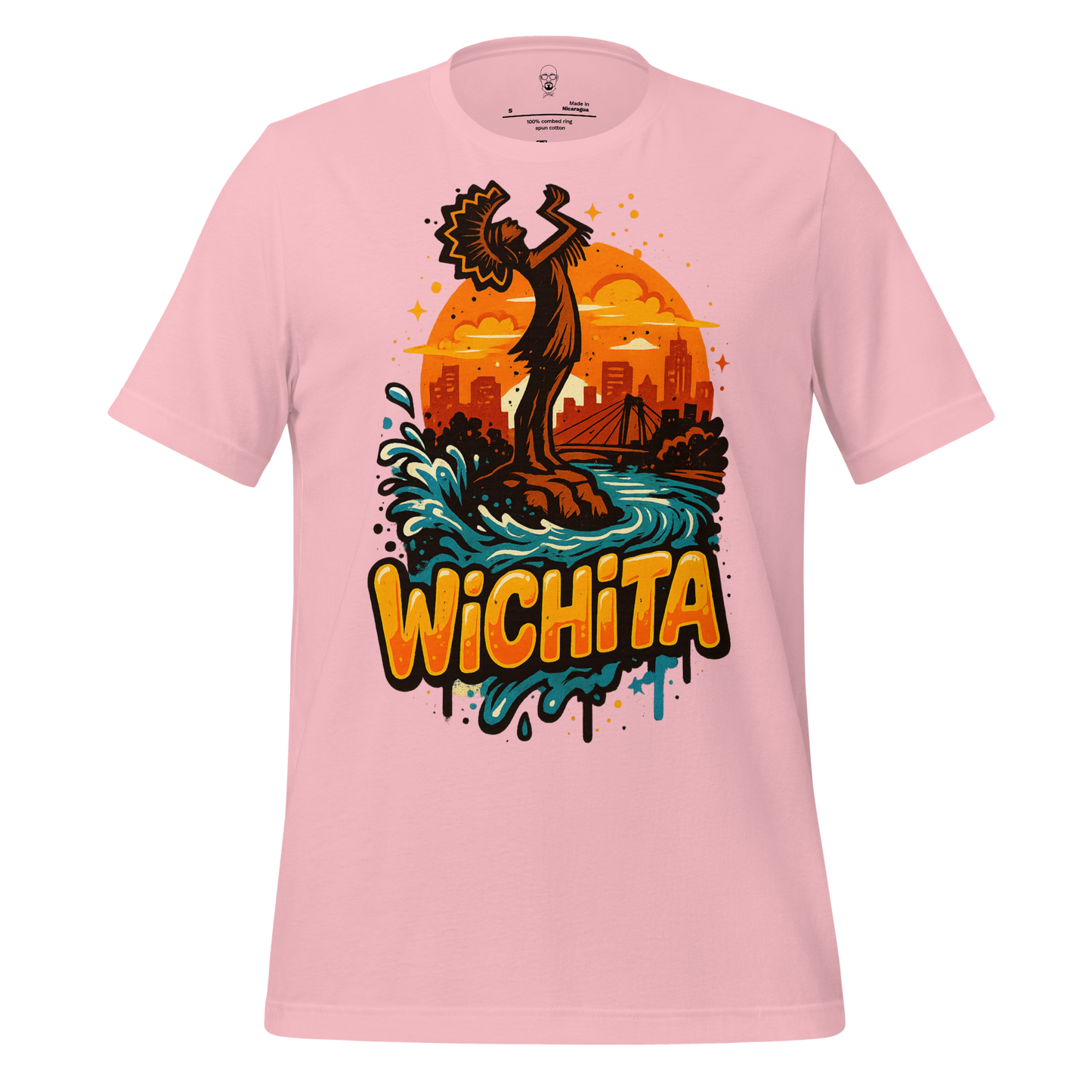 Pink Wichita graphic t-shirt featuring colorful city skyline and iconic statue design by JMK Drip