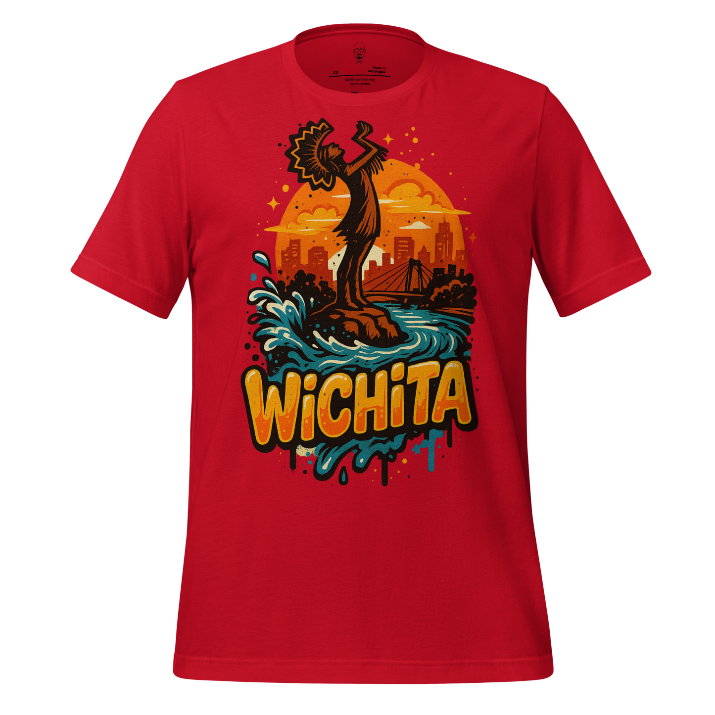 Red Wichita graphic t-shirt by JMK Drip featuring colorful city skyline and iconic statue design