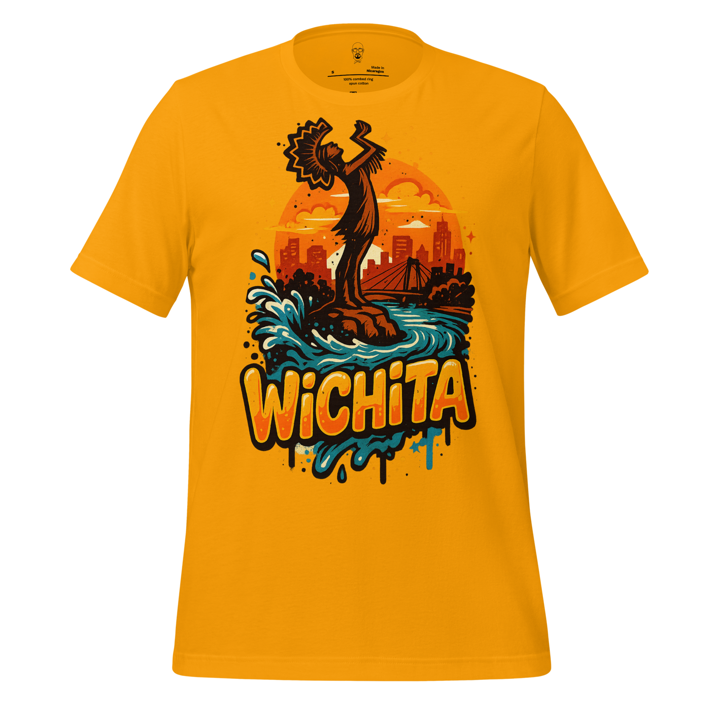 JMK Drip Wichita graphic t-shirt in yellow featuring a vibrant cityscape and river design