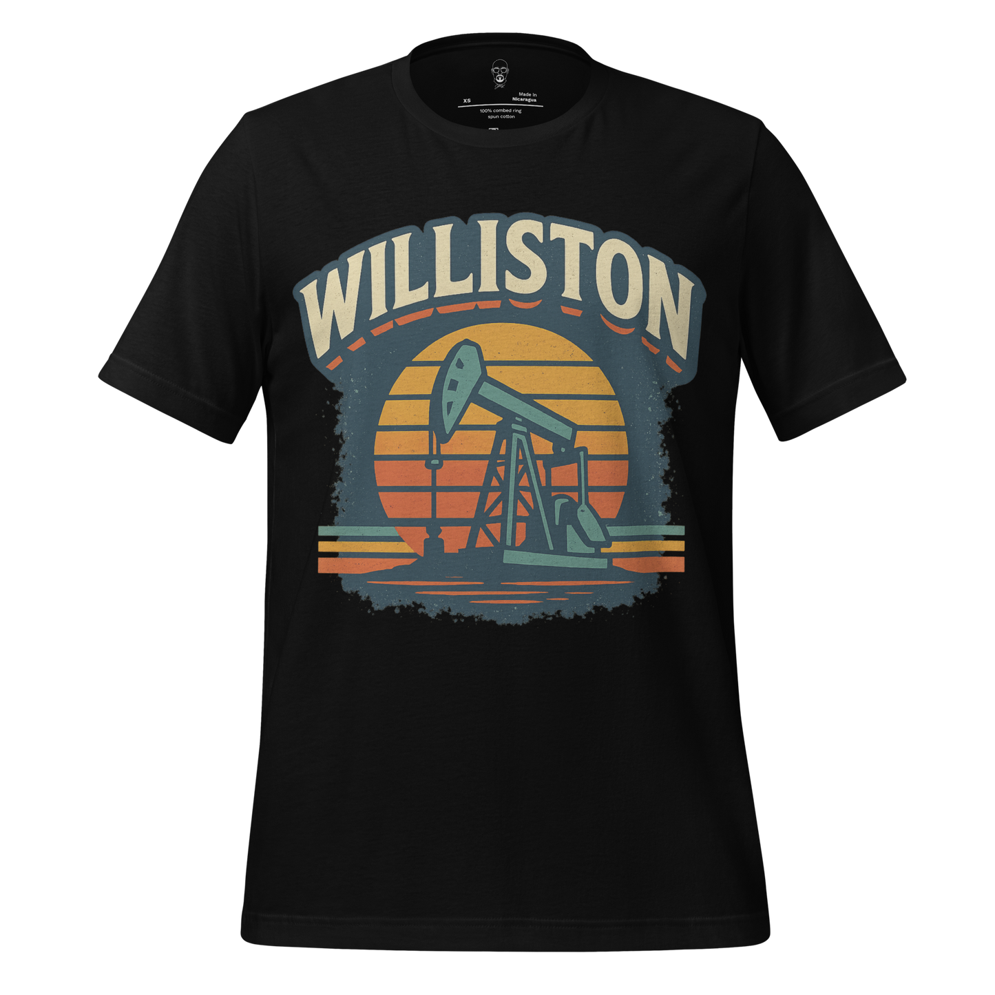 JMK Drip Williston Graphic T-Shirt in black featuring a vintage oil rig design with sunset background