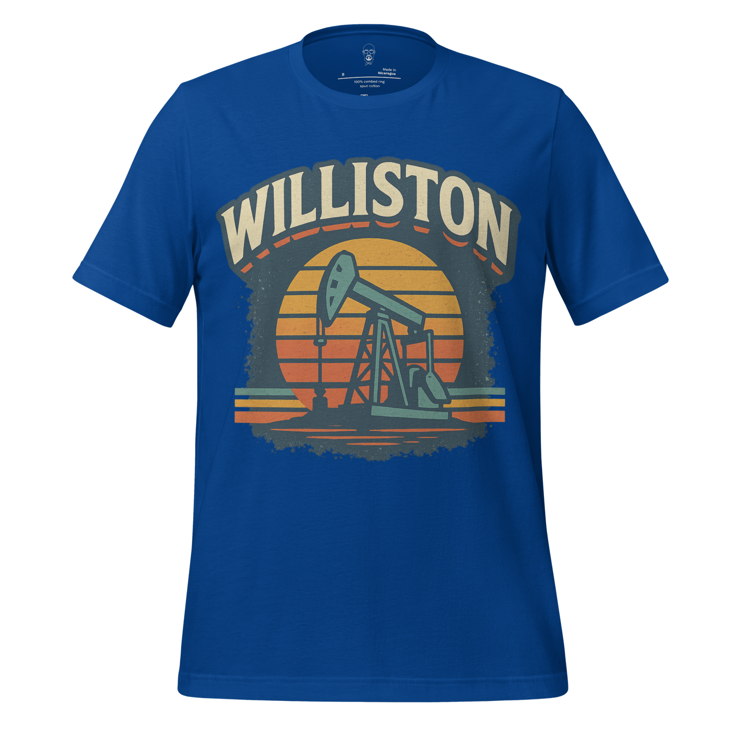 JMK Drip Williston Graphic T-Shirt in blue with vintage oil pump design and sunset background