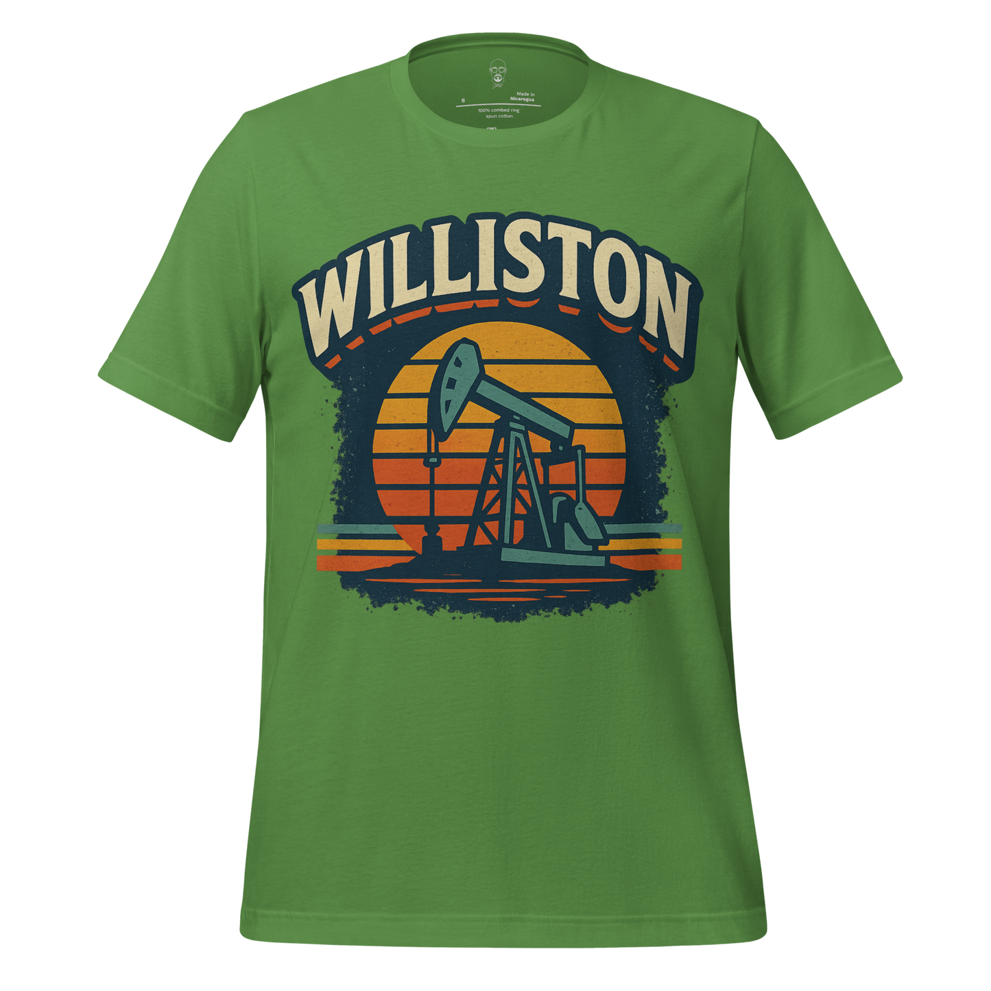 JMK Drip green Williston Graphic T Shirt featuring an oil rig design with sunset background
