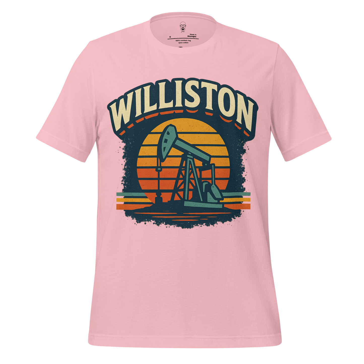 Pink JMK Drip Williston Graphic T-Shirt featuring vintage oil rig design and sunset background