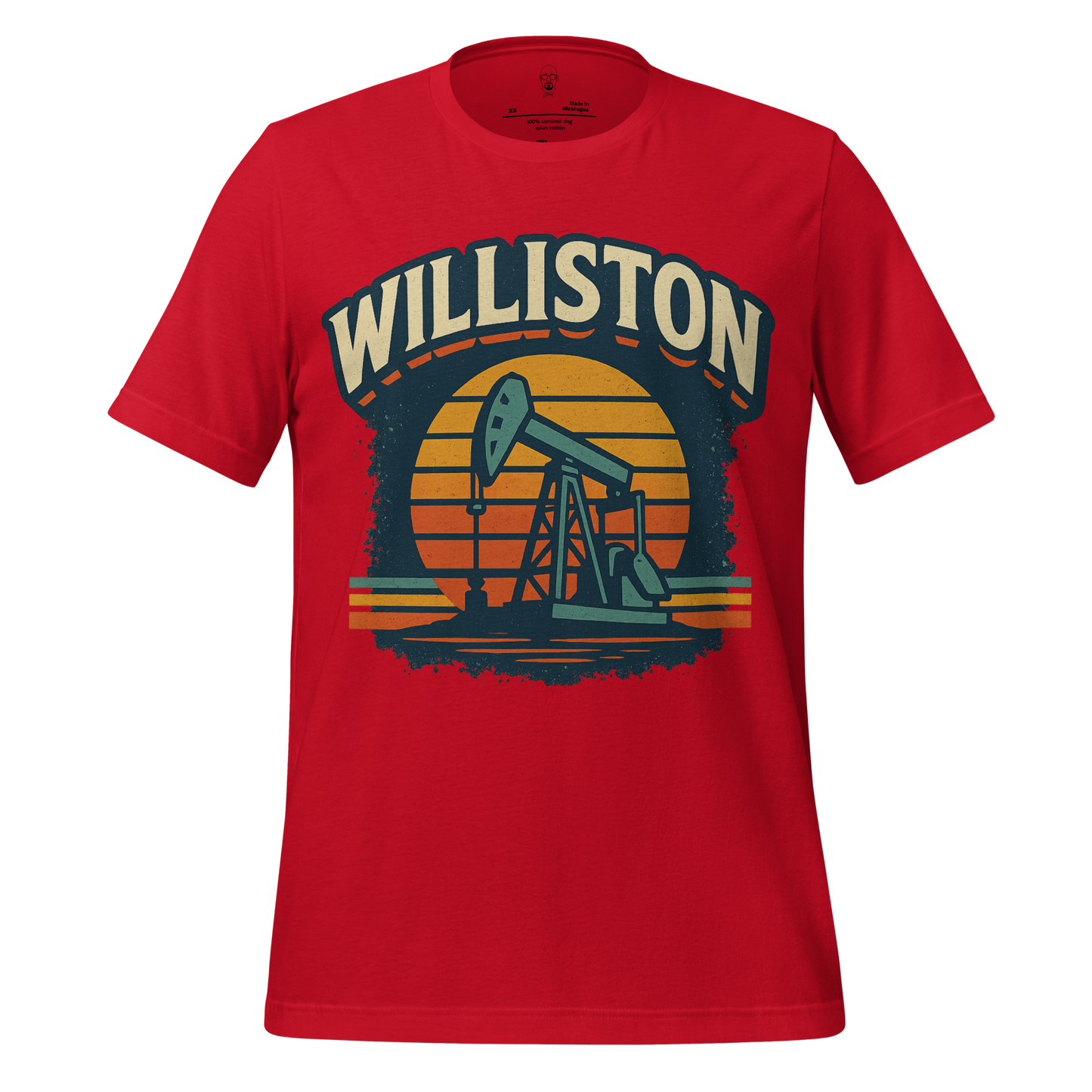 Red Williston Graphic T-Shirt by JMK Drip featuring oil pump jack design and vintage sunset background