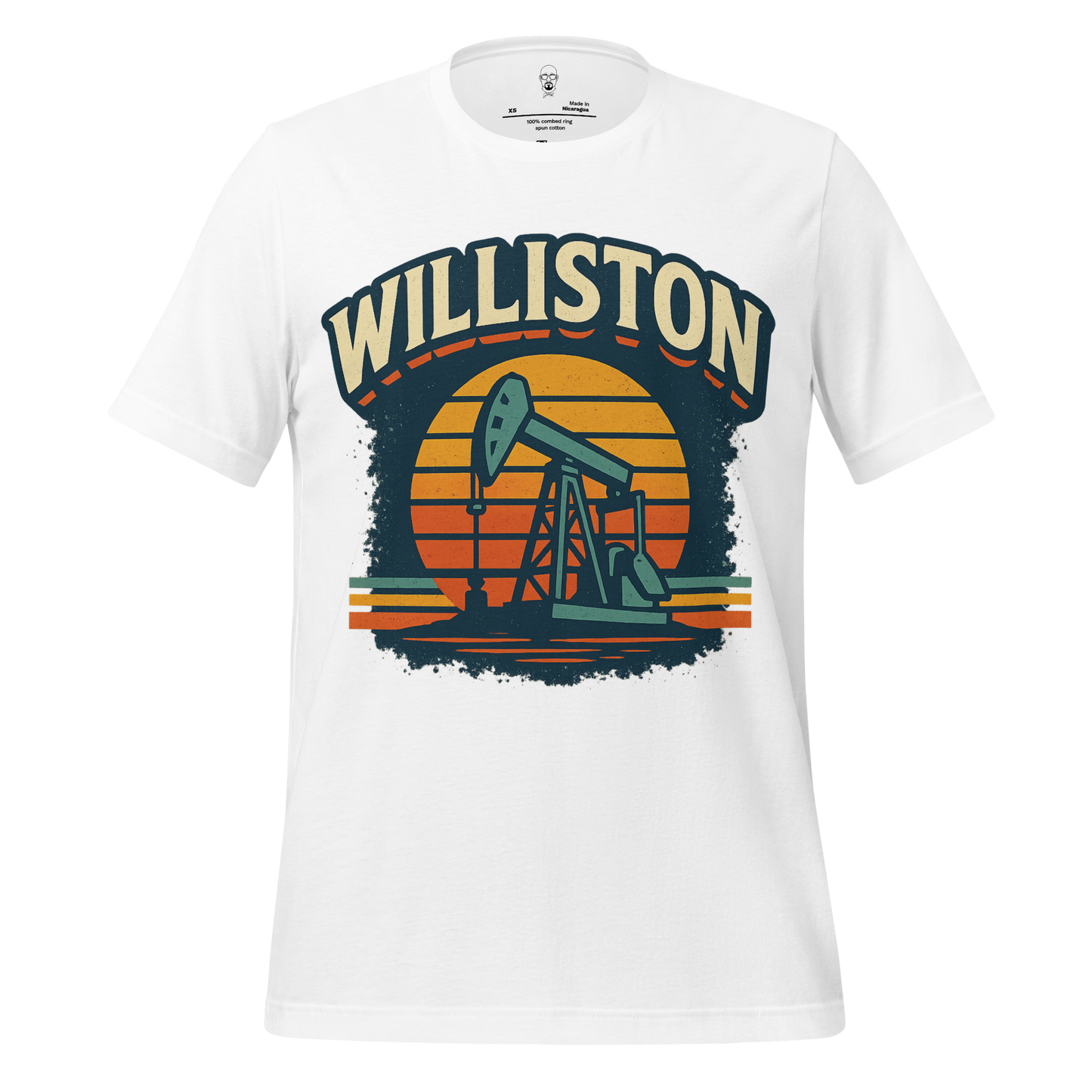 JMK Drip white Williston Graphic T-Shirt featuring an oil pump jack design with sunset background