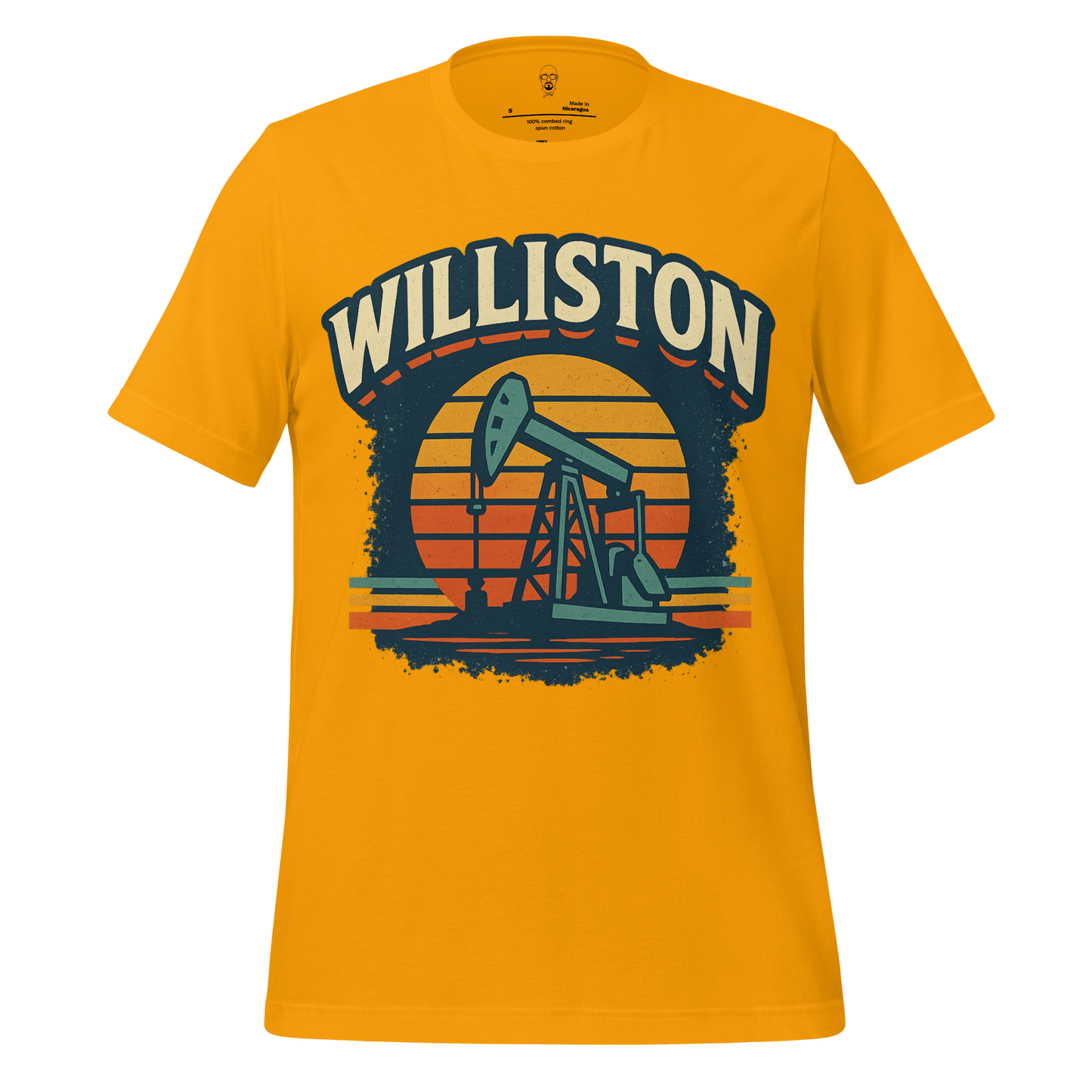JMK Drip yellow Williston Graphic T-Shirt featuring an oil pump jack design with sunset background