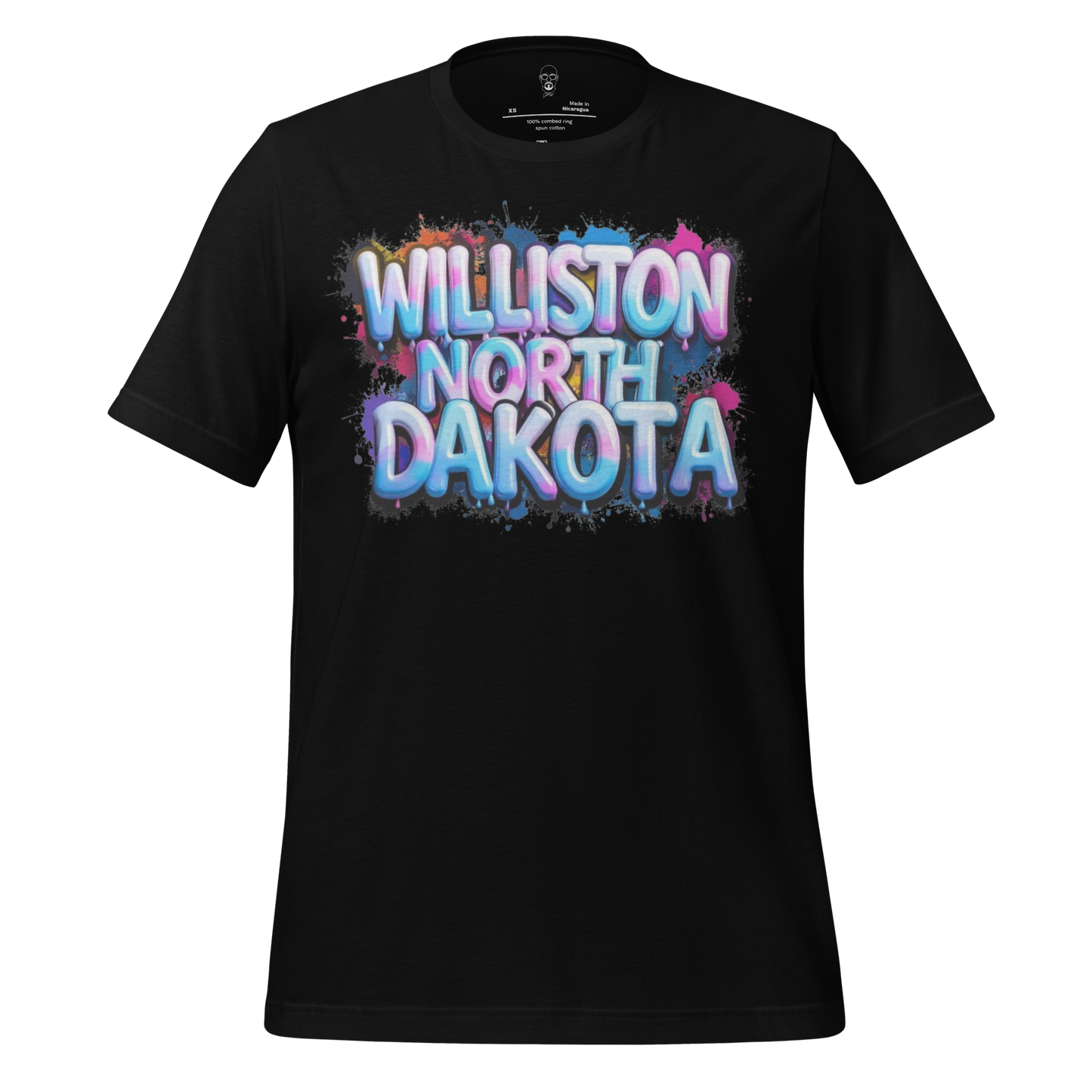 Black JMK Drip Williston North Dakota t-shirt with colorful graffiti style text design