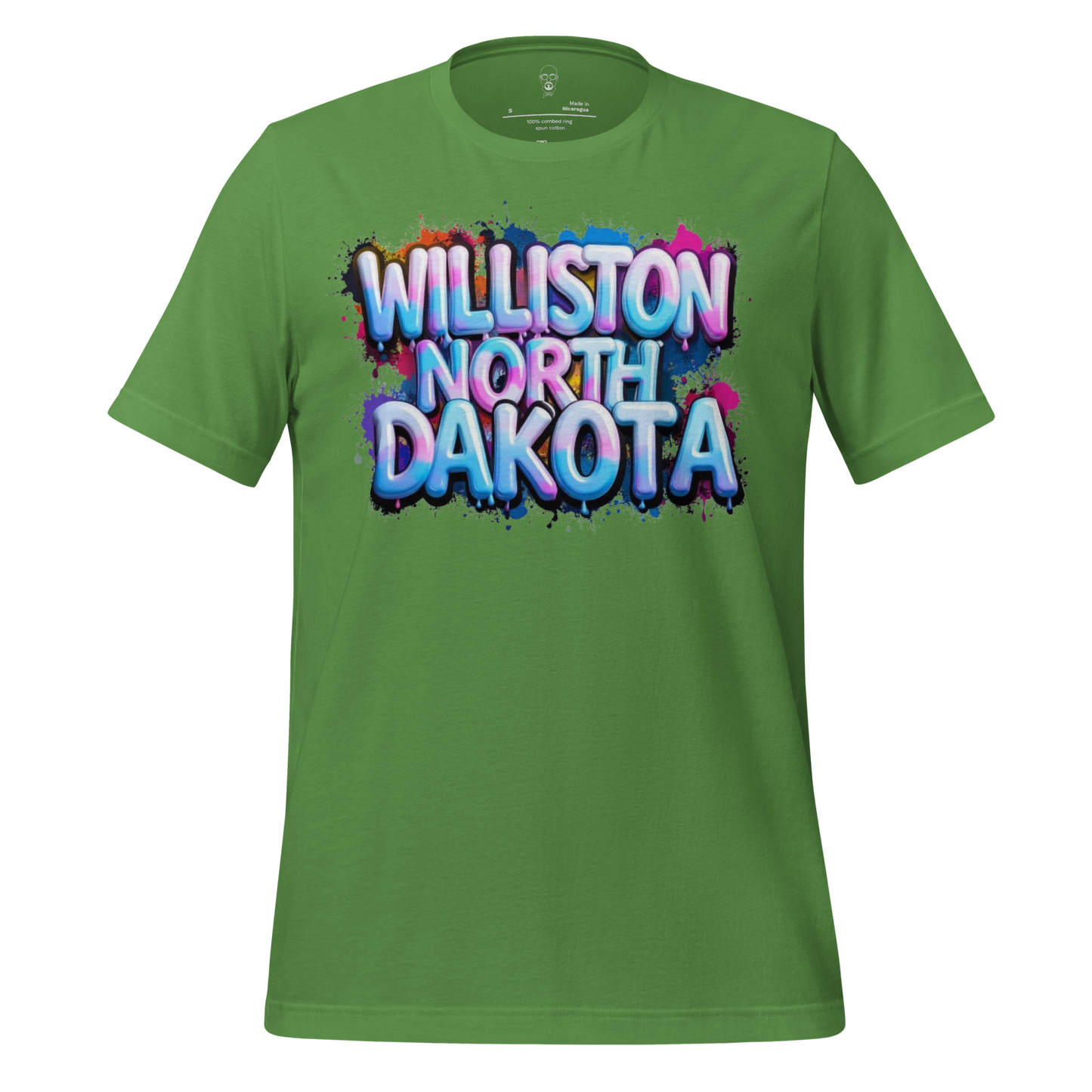 Green t-shirt with colorful graffiti style text Williston North Dakota t-shirt design