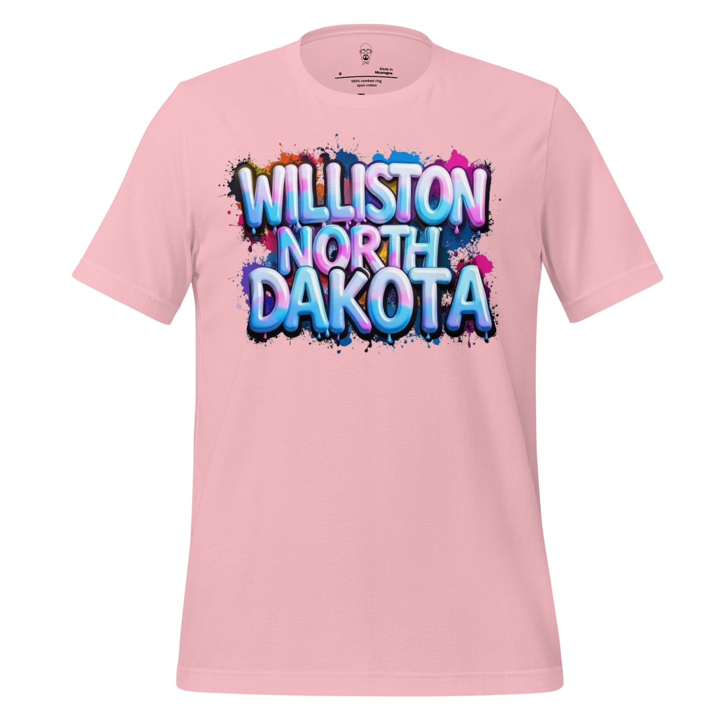 Pink JMK Drip Williston North Dakota t-shirt with colorful graffiti style text design