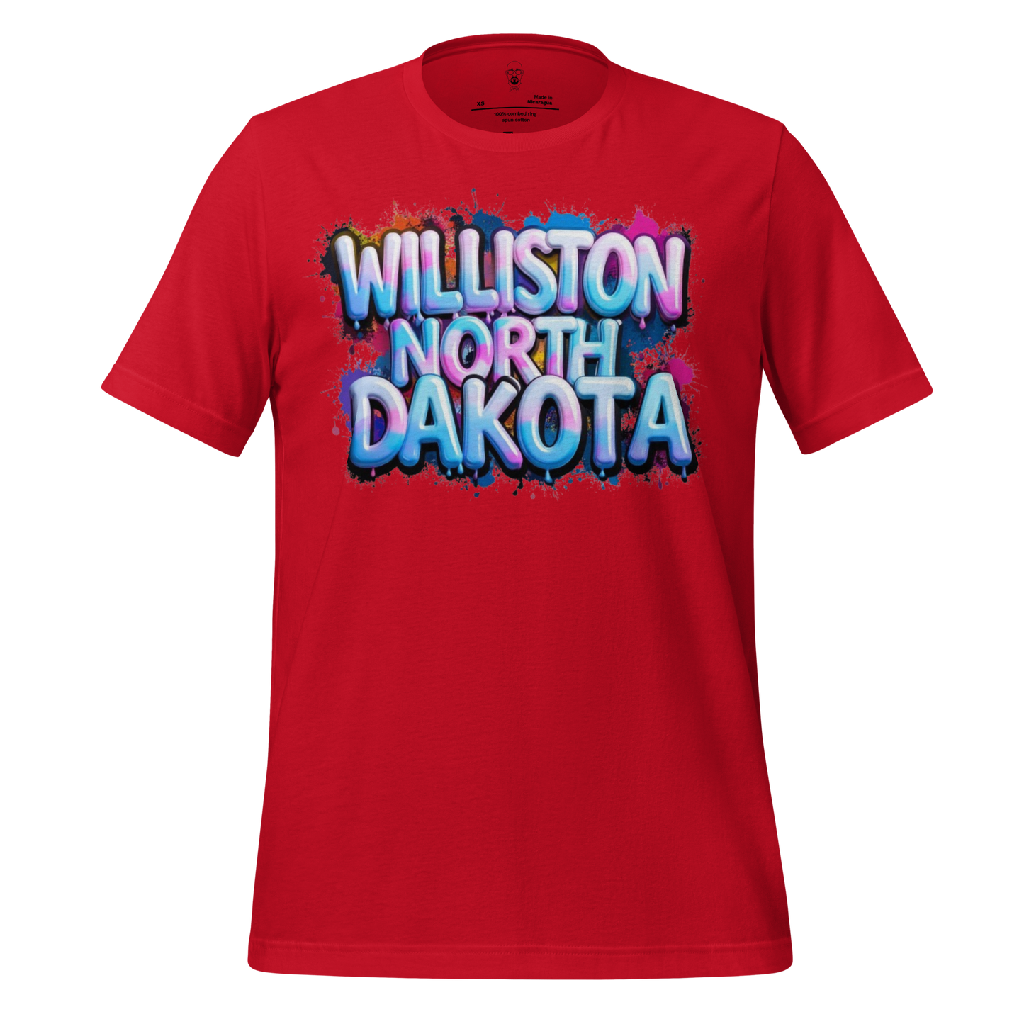 Red t-shirt with colorful graffiti style Williston North Dakota t-shirt text printed on front