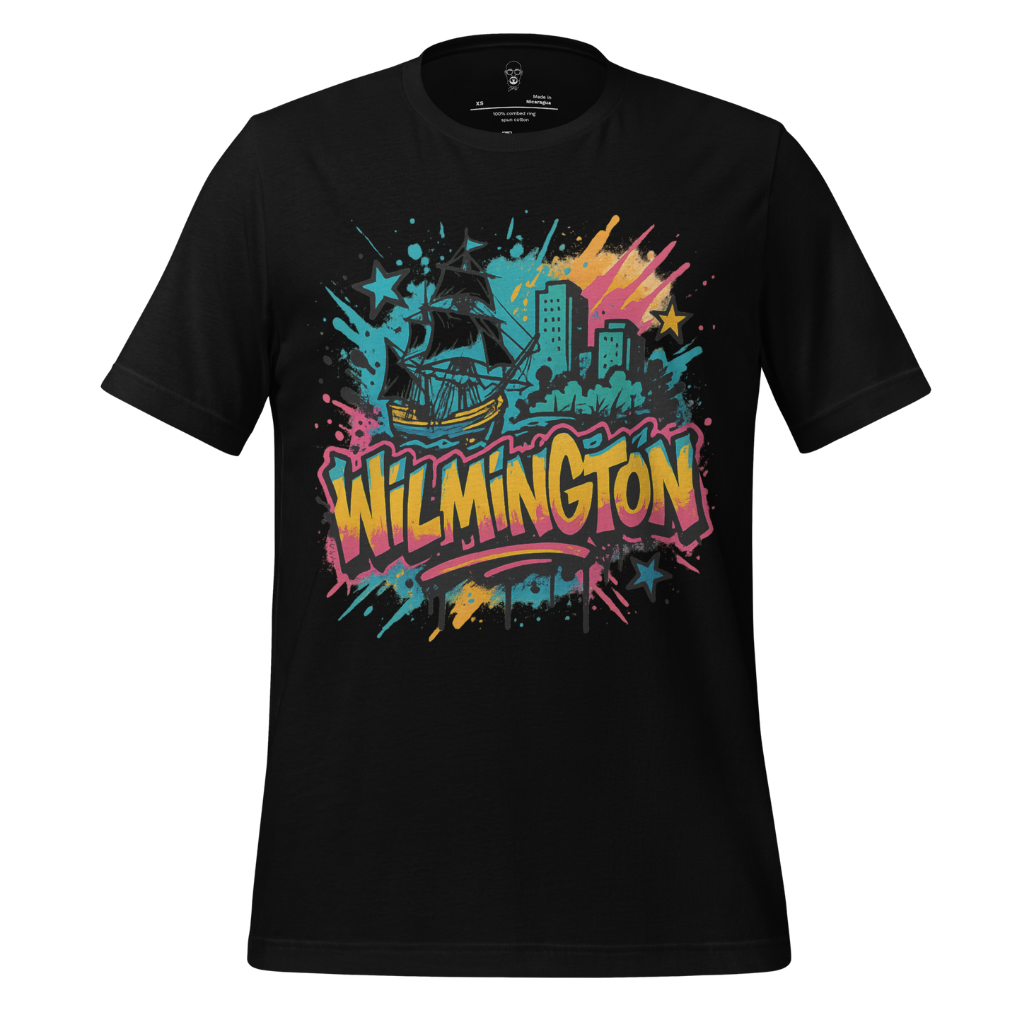 JMK Drip Wilmington Graphic T-Shirt with colorful cityscape and ship design on black fabric