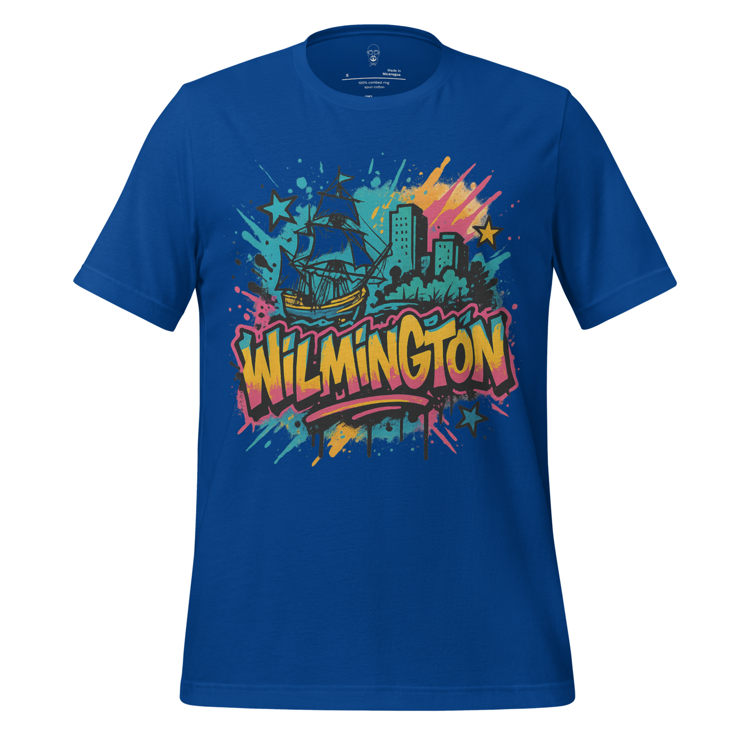 Blue Wilmington Graphic T-Shirt by JMK Drip with colorful ship and cityscape design
