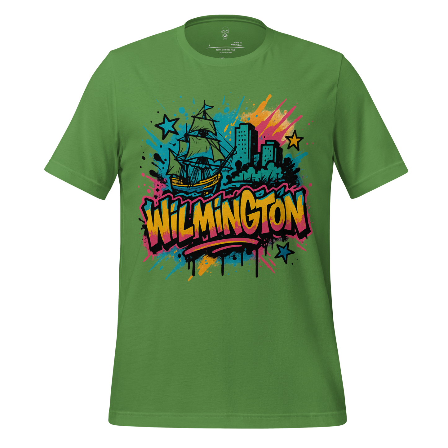 Green Wilmington Graphic T-Shirt by JMK Drip featuring colorful ship, cityscape, and graffiti art design