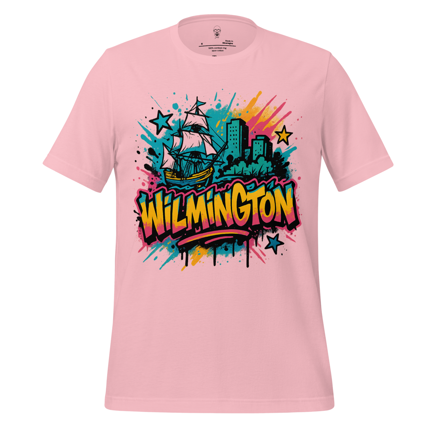 Pink JMK Drip Wilmington Graphic T-Shirt with colorful ship and city skyline design
