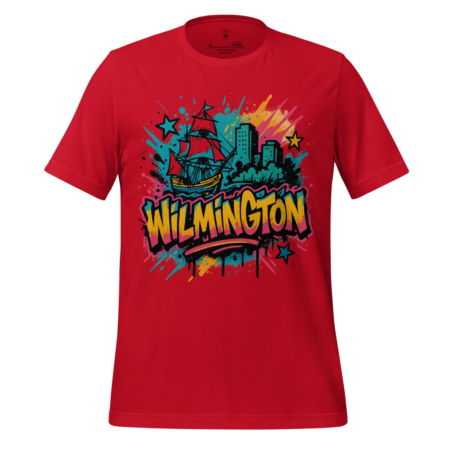 Red Wilmington Graphic T-Shirt with colorful graffiti style ship and city skyline print