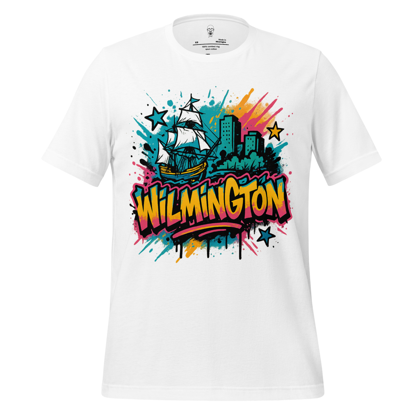 White Wilmington Graphic T-Shirt by JMK Drip featuring colorful ship and cityscape design with bold lettering