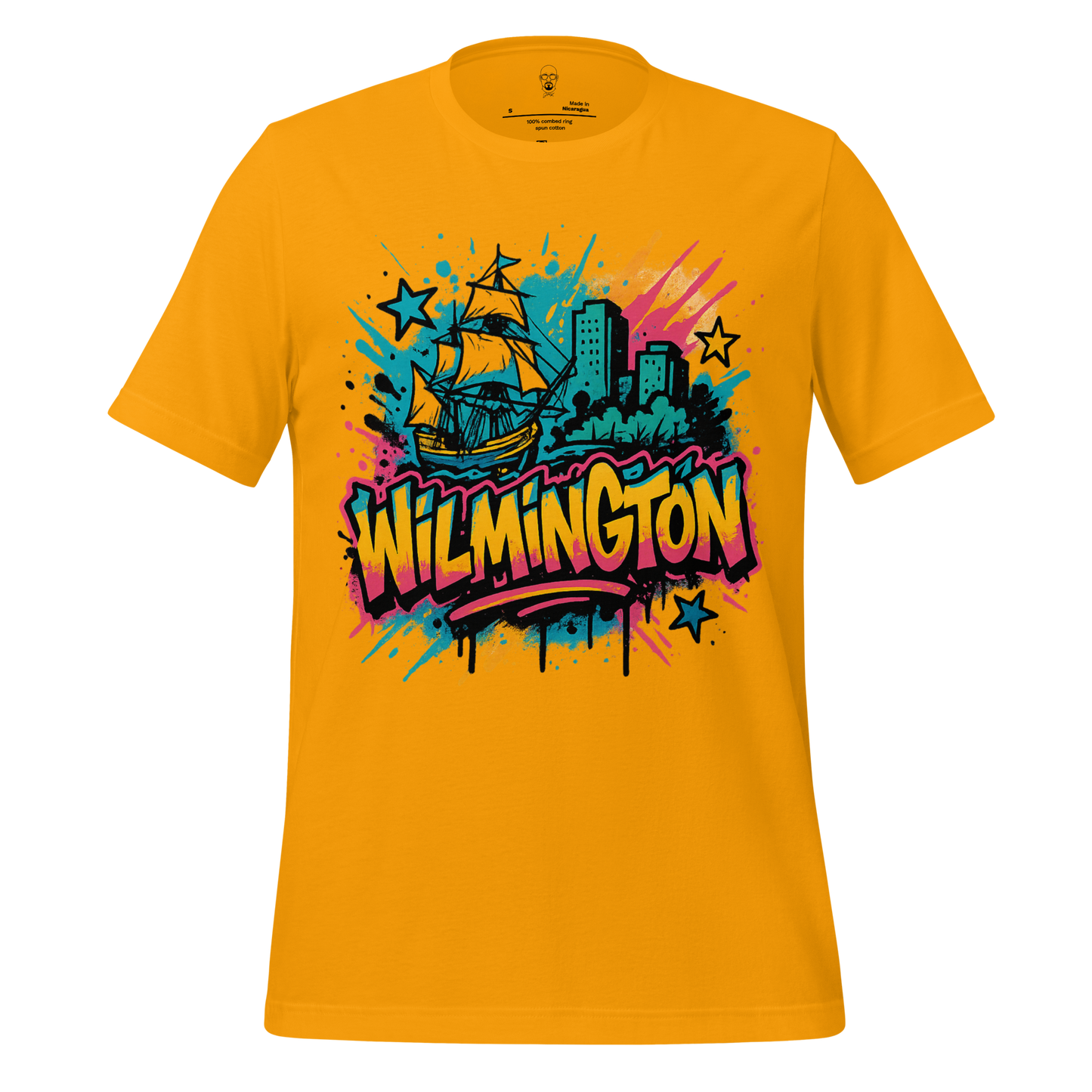 JMK Drip Wilmington Graphic T-Shirt in yellow with colorful ship and city skyline design