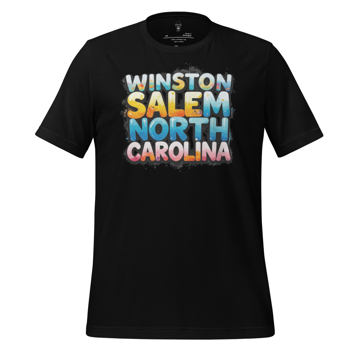 Black Winston Salem t-shirt with colorful text design spelling Winston Salem North Carolina