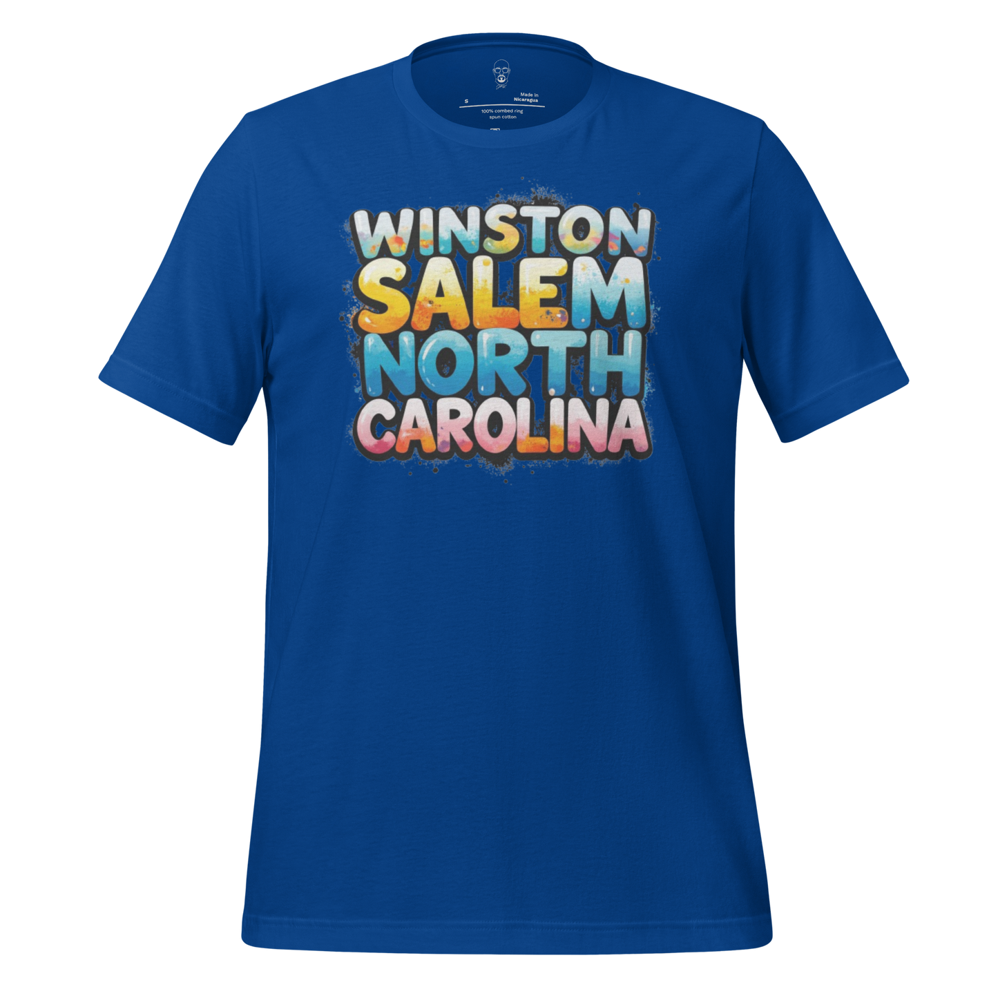 Blue Winston Salem t-shirt with colorful Winston Salem North Carolina text design by JMK Drip