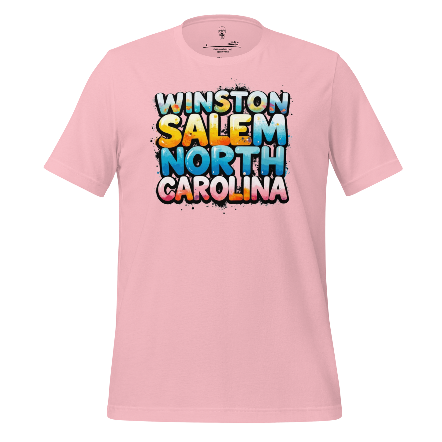 Pink Winston Salem t-shirt with colorful graffiti style text design for North Carolina fans