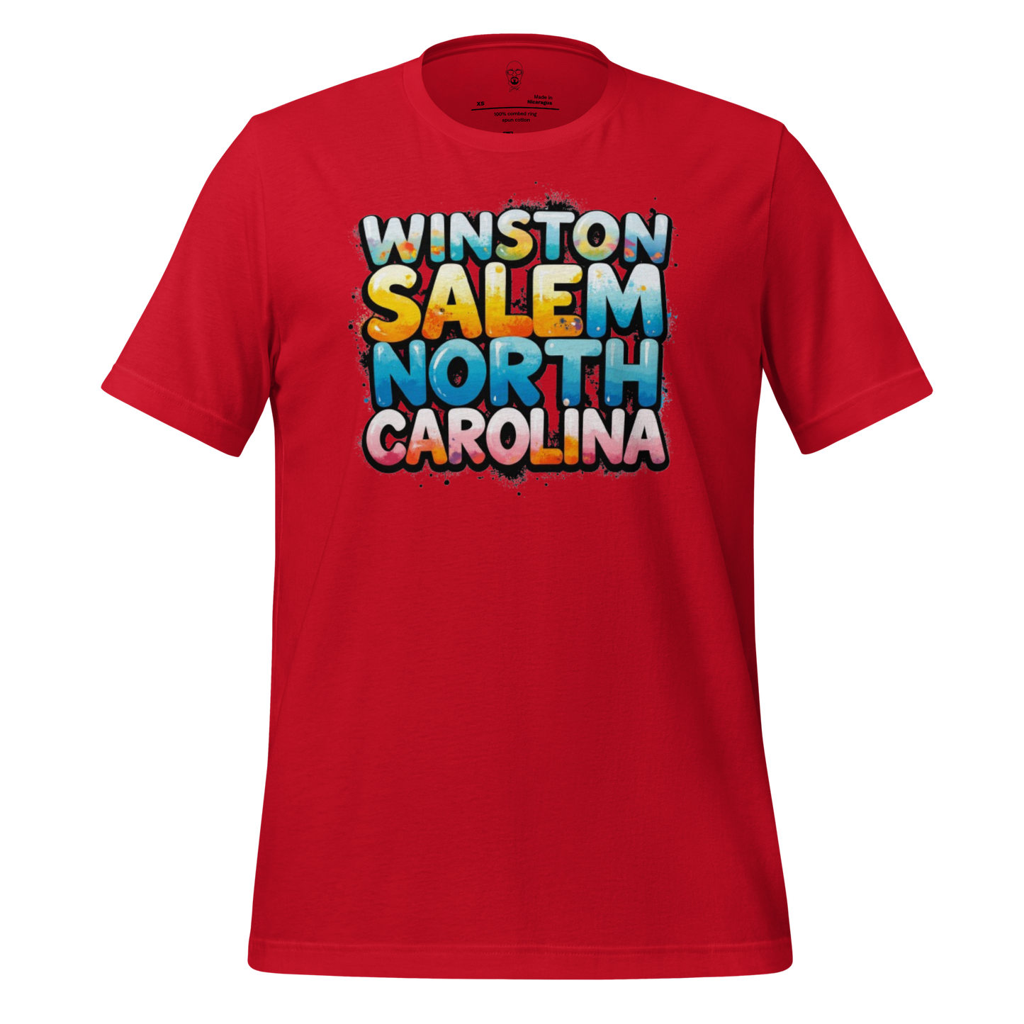Red Winston Salem t-shirt with colorful bold text for North Carolina city pride