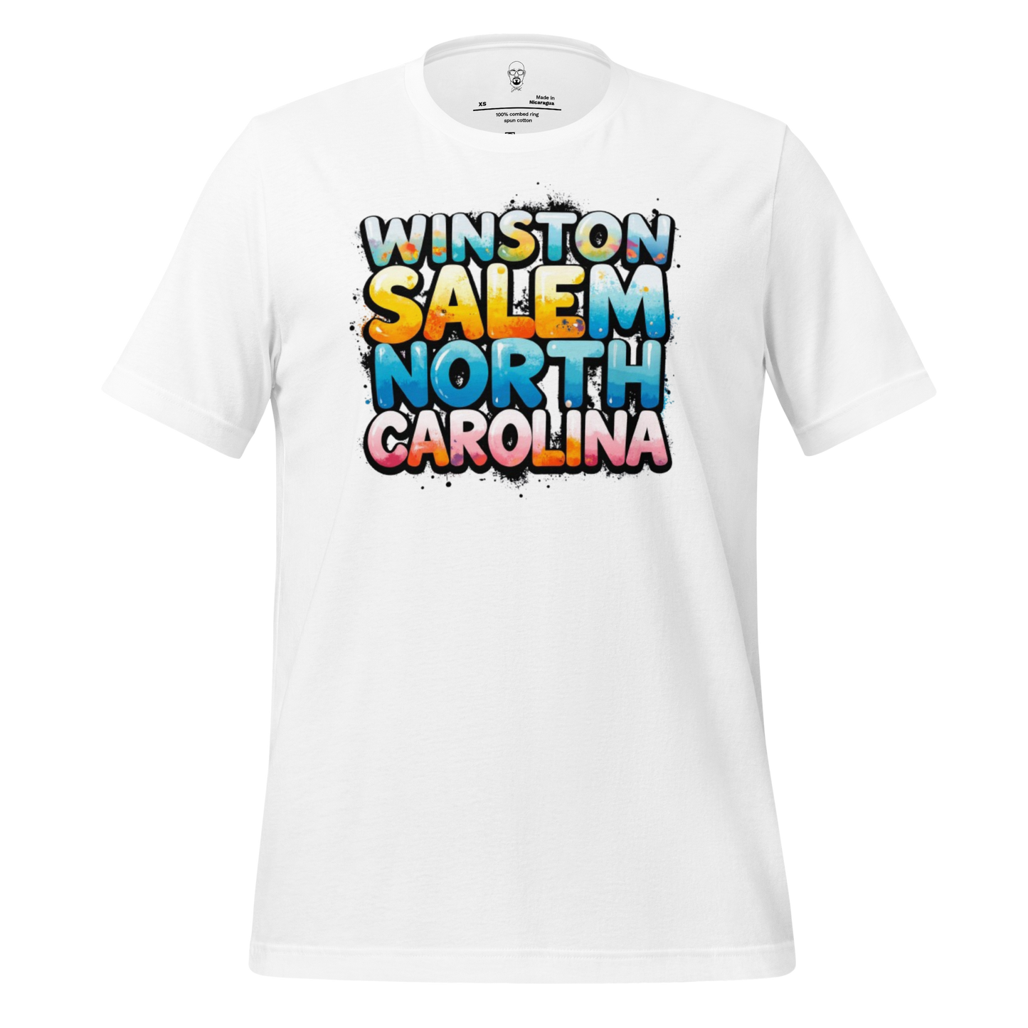 White Winston Salem t-shirt with colorful graffiti style text reading Winston Salem North Carolina