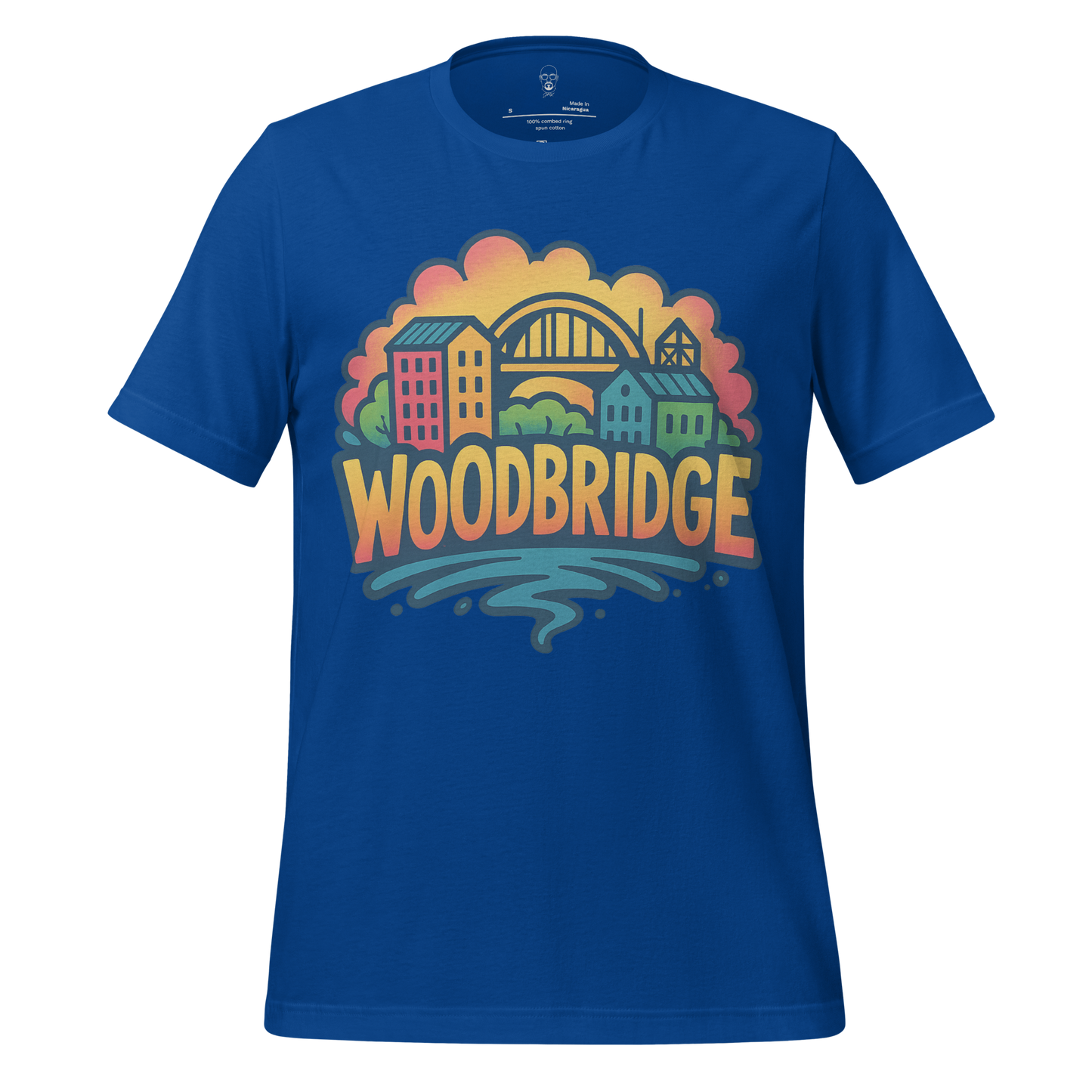 JMK Drip Woodbridge Graphic T-Shirt in blue with colorful cityscape and bridge design