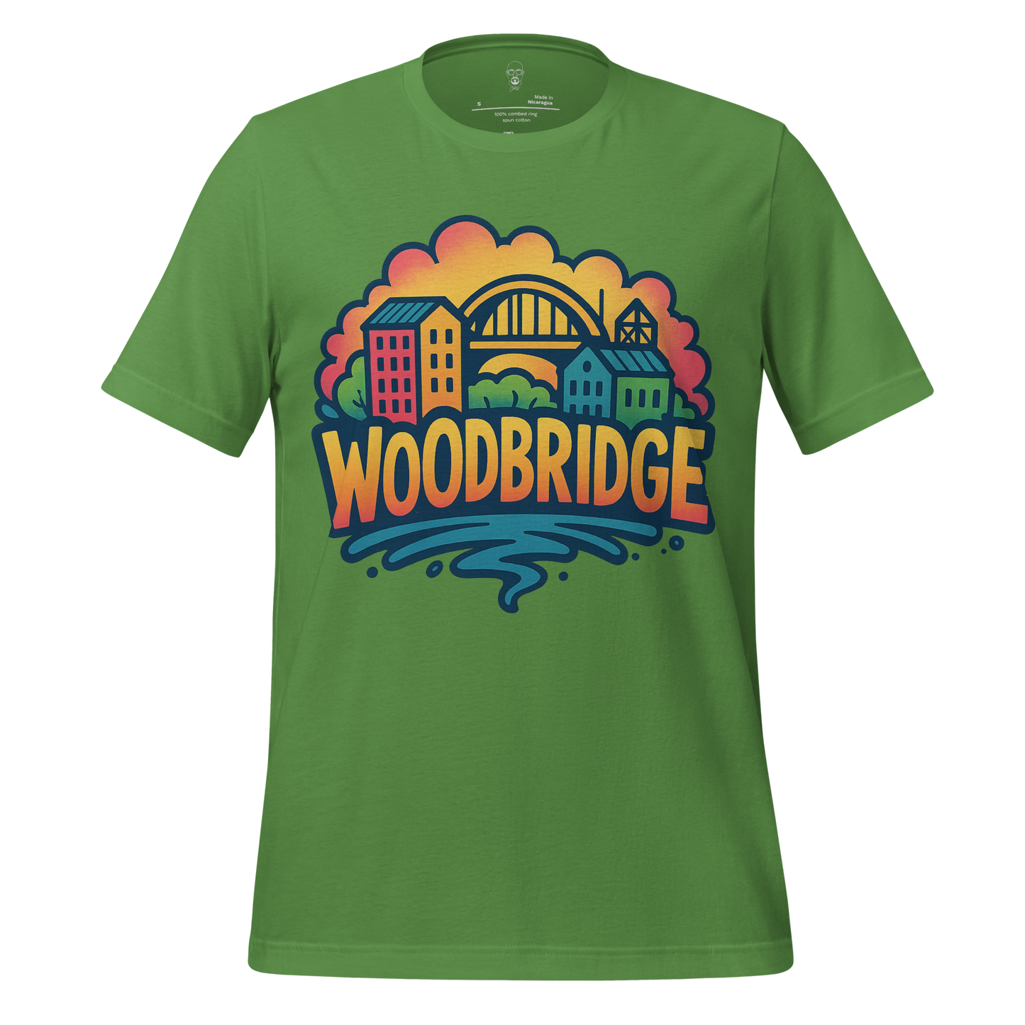 Green Woodbridge Graphic T-Shirt with colorful cityscape and bridge design by JMK Drip