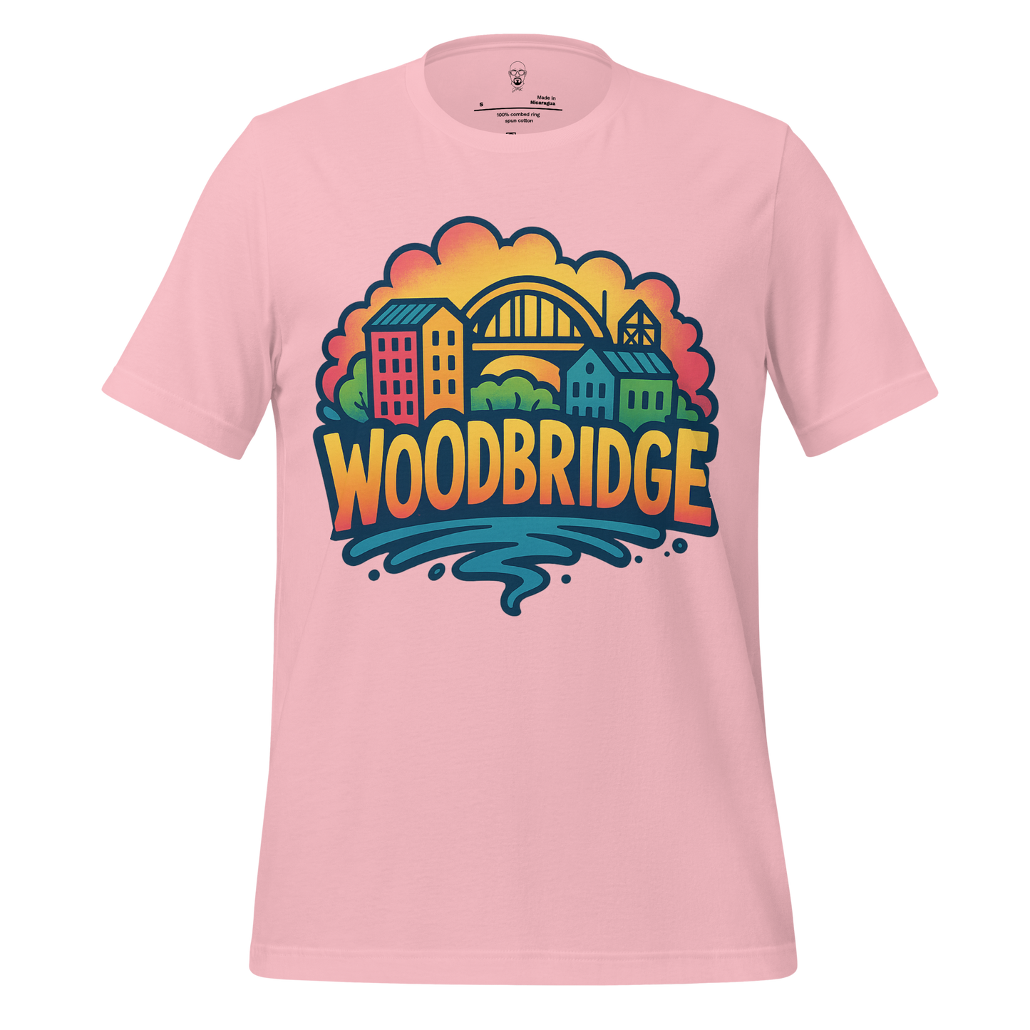 Pink Woodbridge Graphic T-Shirt by JMK Drip featuring colorful town and bridge illustration