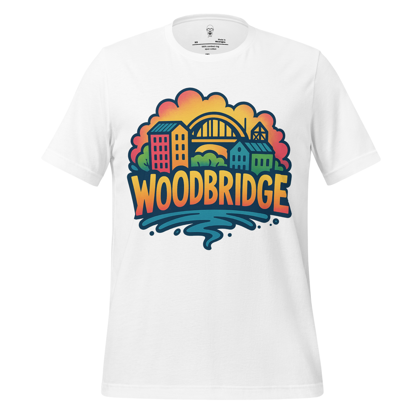 White Woodbridge Graphic T-Shirt by JMK Drip with colorful cityscape and bridge illustration