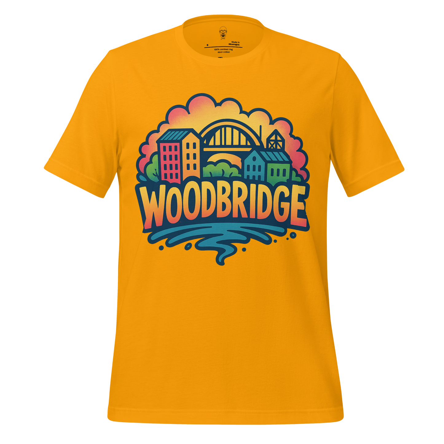 JMK Drip Woodbridge Graphic T-Shirt in yellow with colorful cityscape and Woodbridge text design