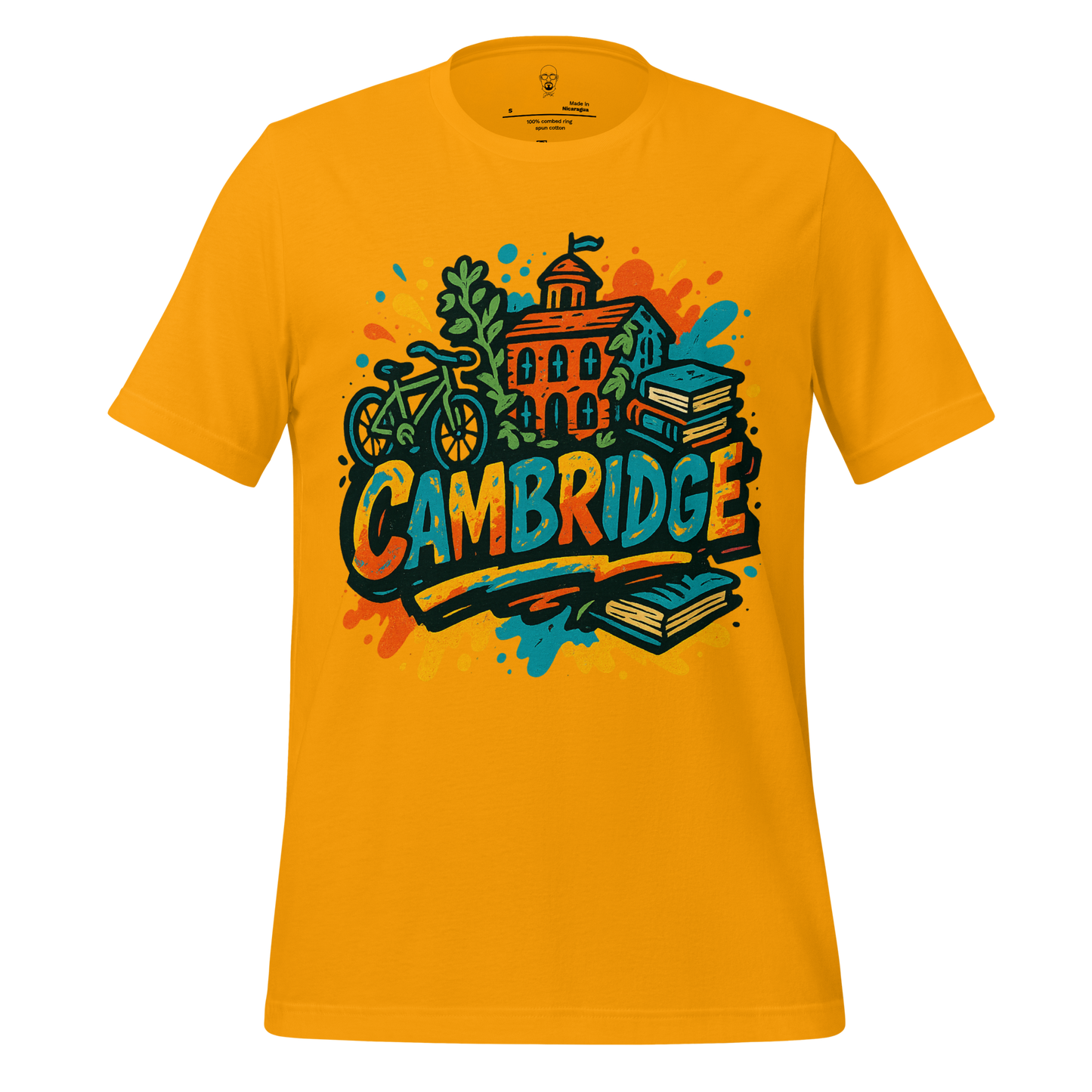 JMK Drip Cambridge graphic t-shirt in mustard yellow with colorful university and books design