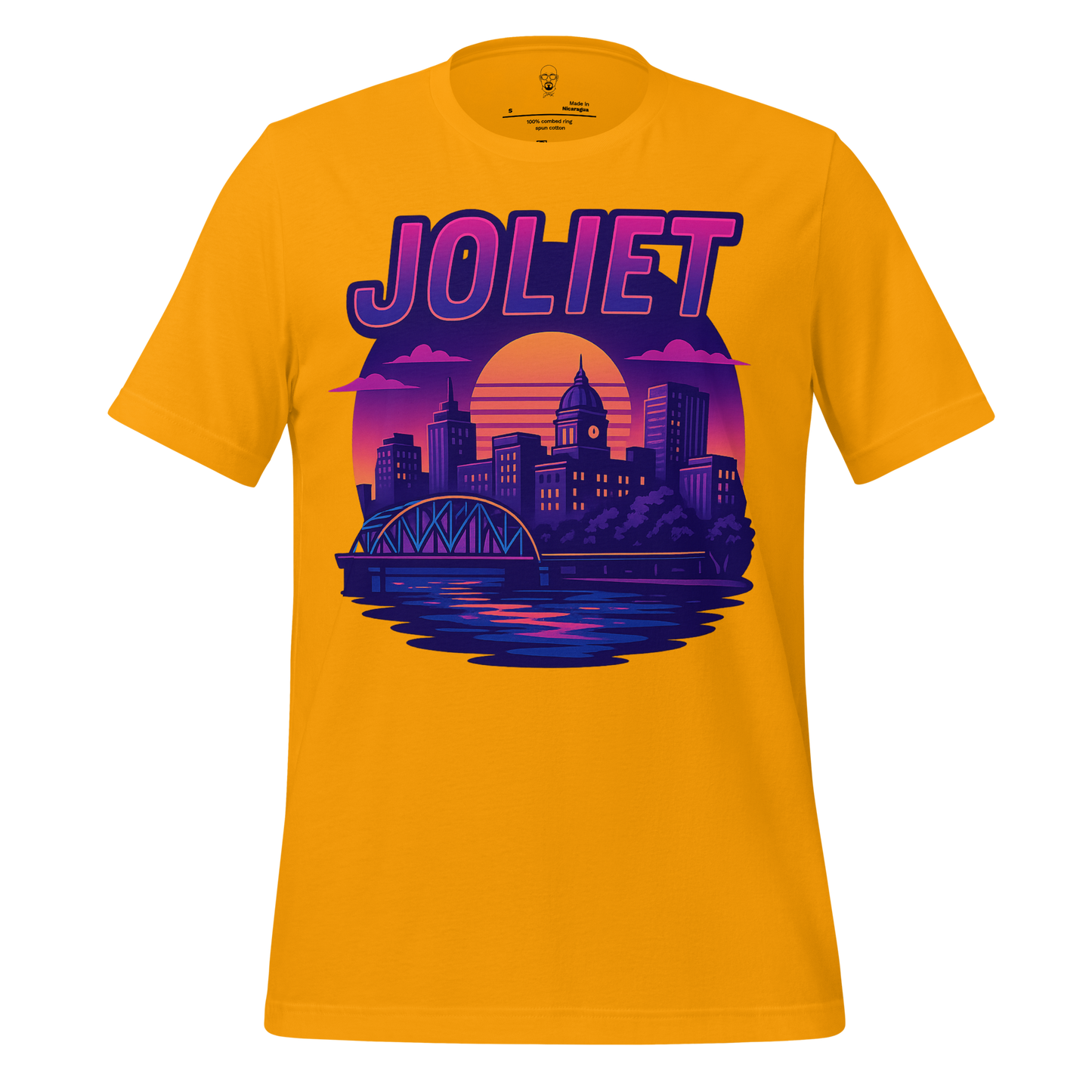 JMK Drip Joliet Graphic T-Shirt with purple and orange cityscape design on yellow fabric