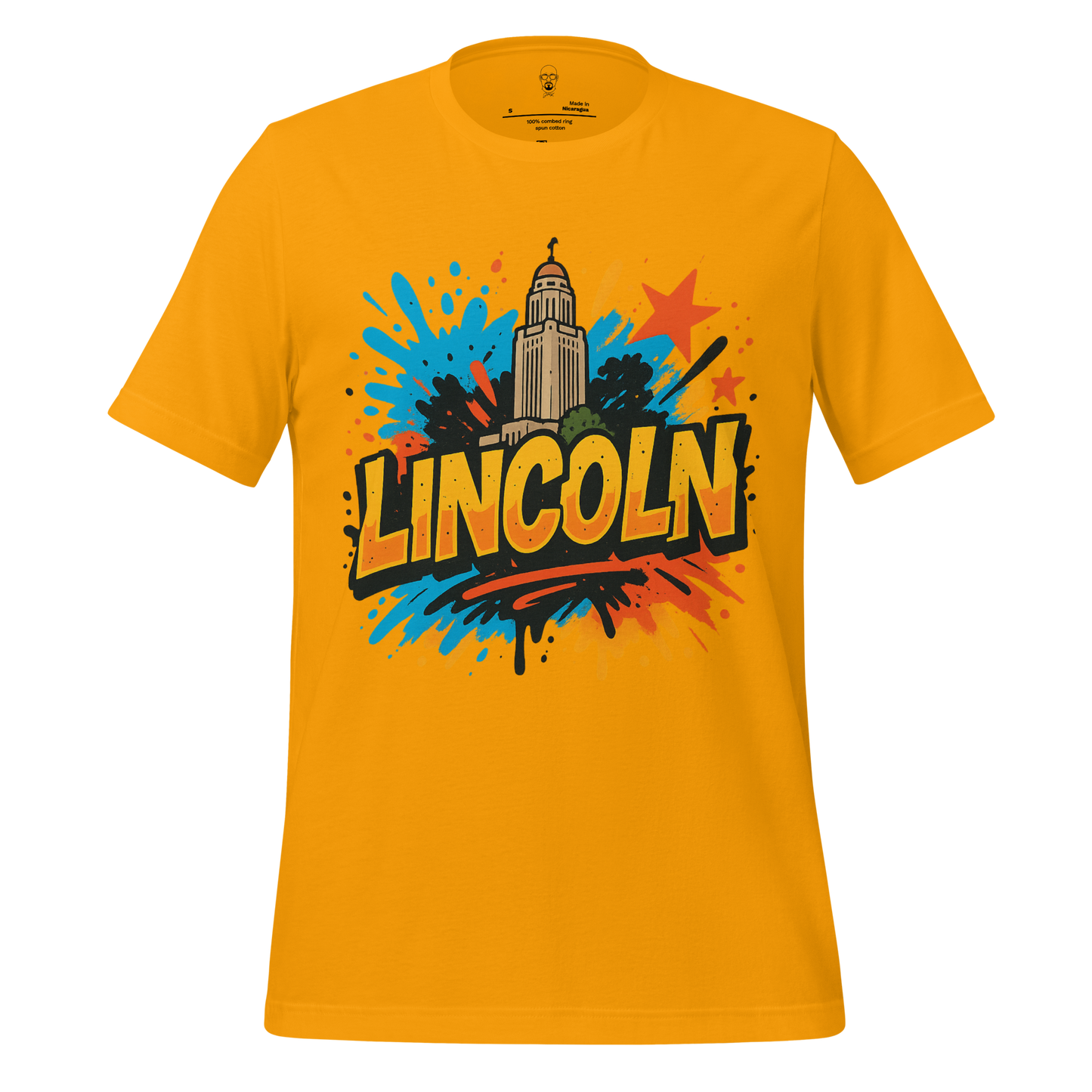 JMK Drip Lincoln Graphic T-Shirt in yellow with colorful splatter design and Lincoln building illustration