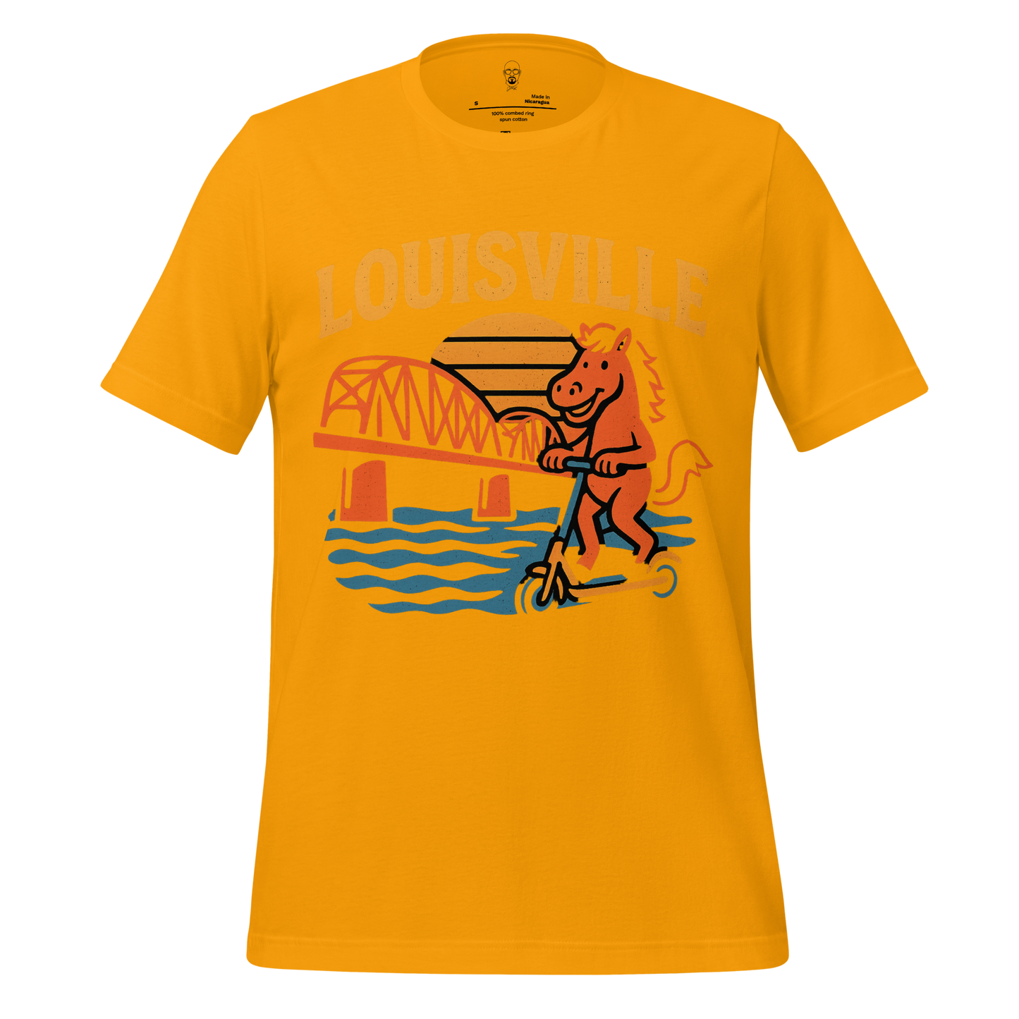 Bright yellow Louisville graphic t-shirt with cartoon horse riding scooter and city bridge design
